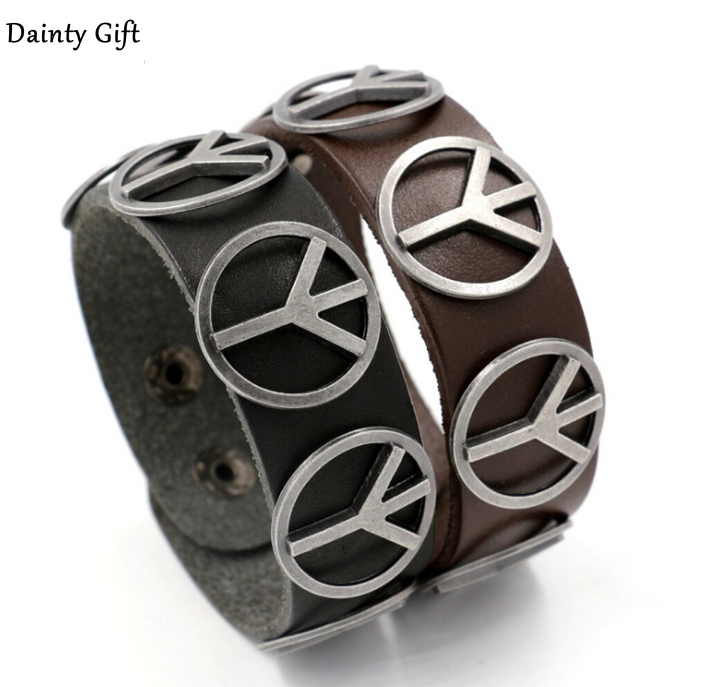 Men Women Peace Genuine Leather Wristband Bangle / Leather Bracelet 7.5-8.3"