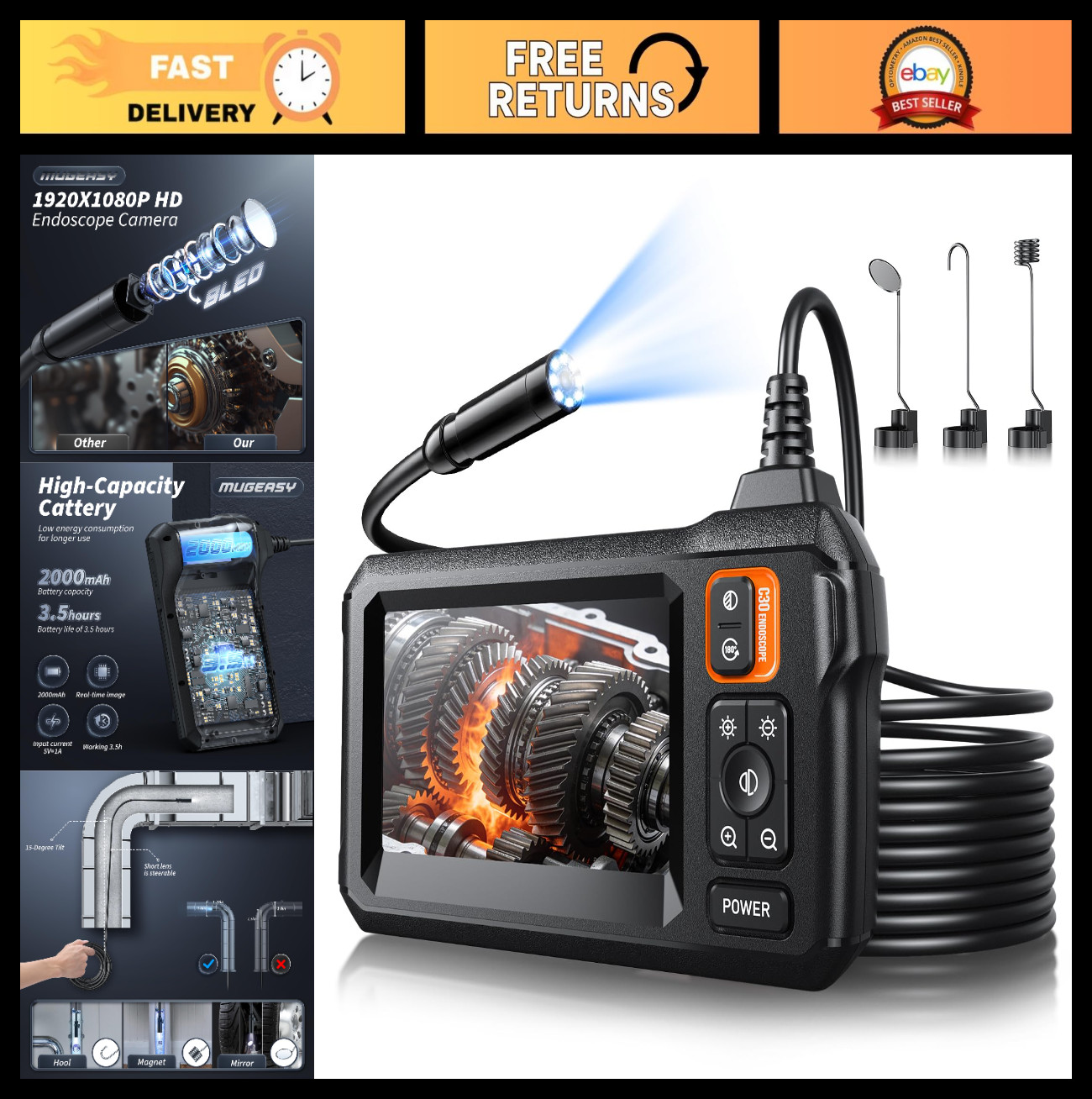 High-Definition Endoscope Camera with 4.3" IPS Screen, 16.6FT Cord, Waterproof,