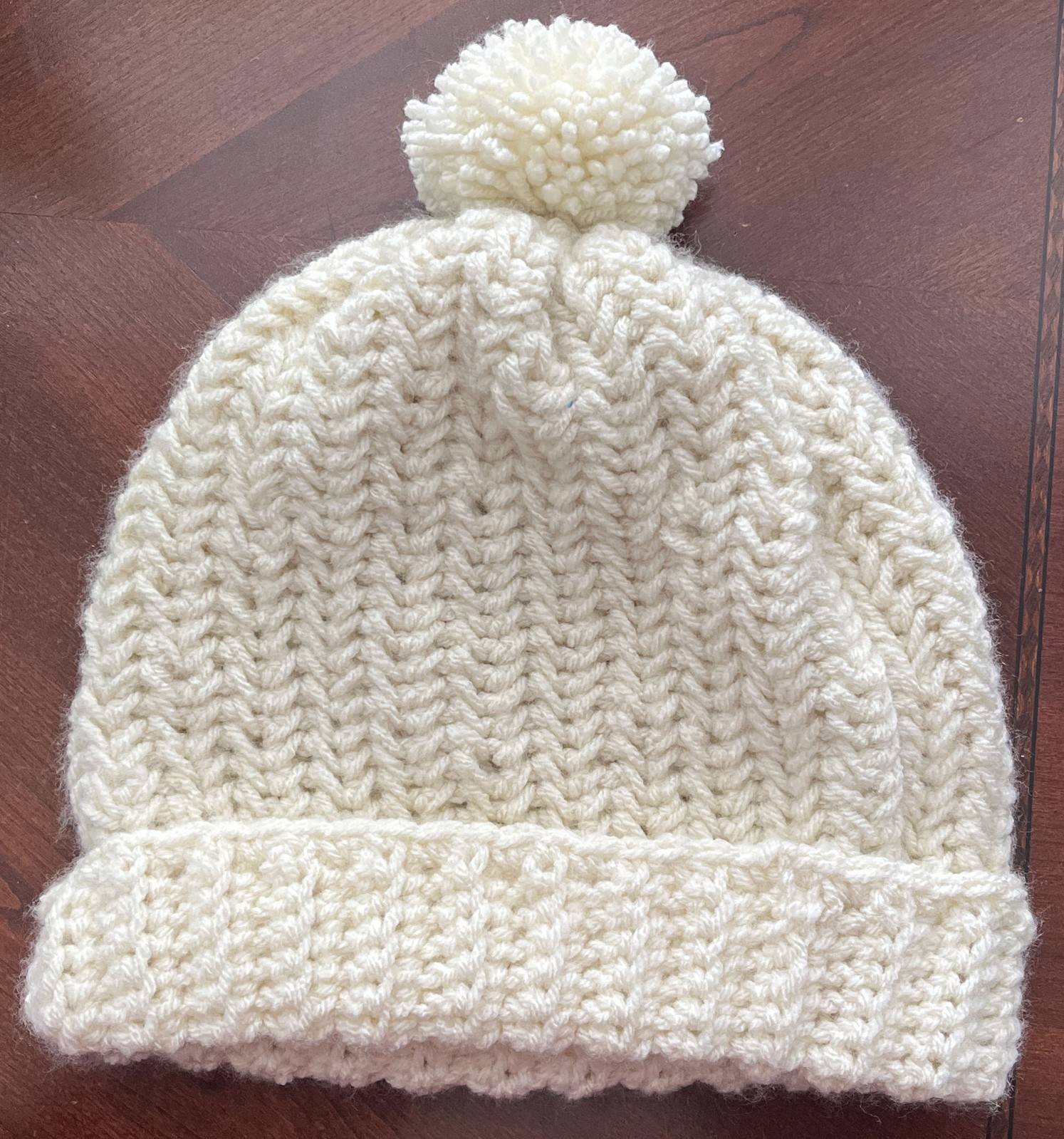 Handmade Beanie For Man or Woman White with Pom Pom L-12" Warm Winter Hat