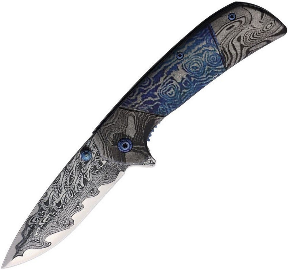 ElitEdge Damascus Blade Blue Stainless Handle A/O Folding Knife - 10-A54BLD