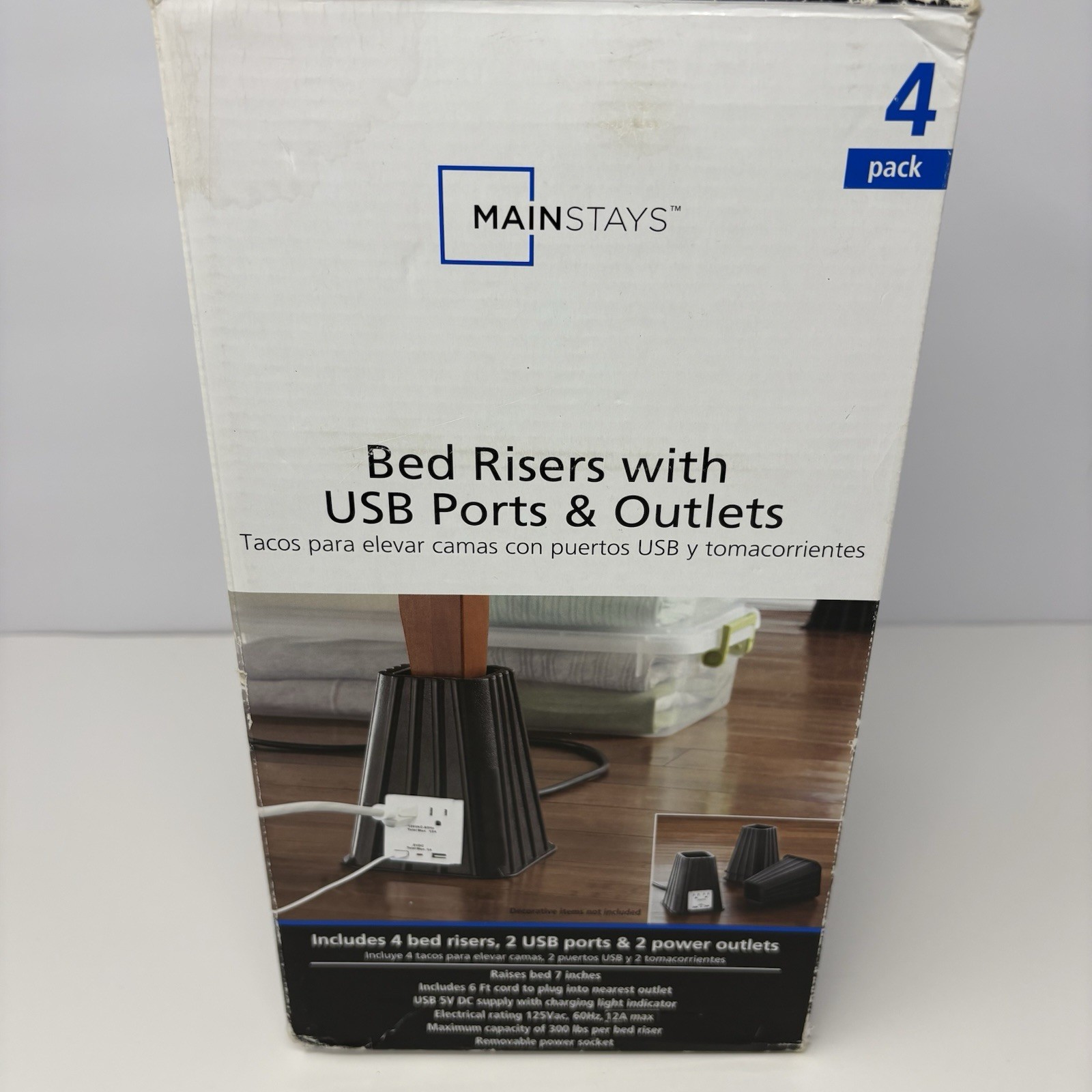 Mainstays 4 Pack 7” Bed Risers w USB Ports & Power Outlets Black