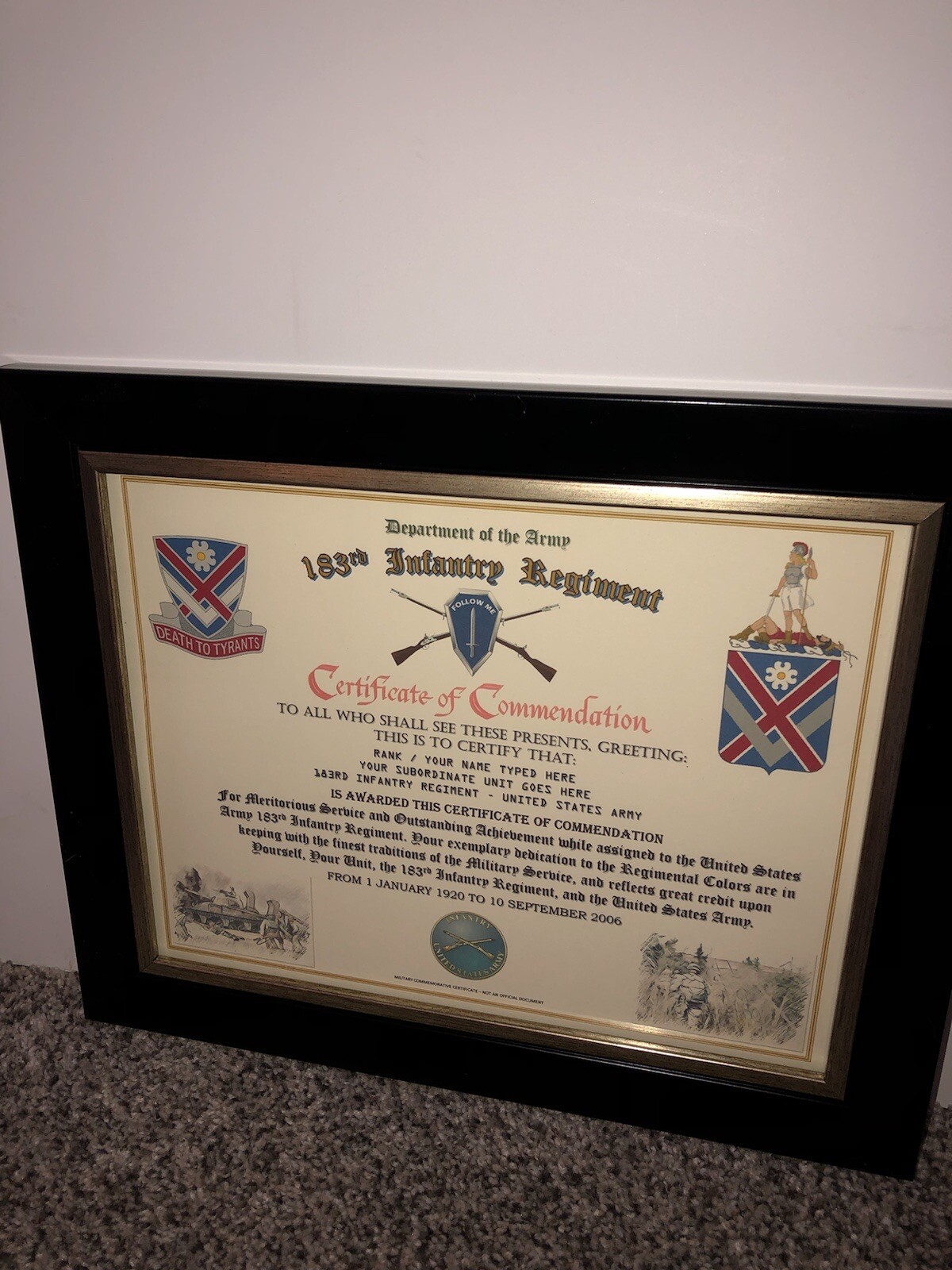 183RD INFANTRY REGIMENT / COMMEMORATIVE PRINT - CERTIFICATE OF COMMENDATION