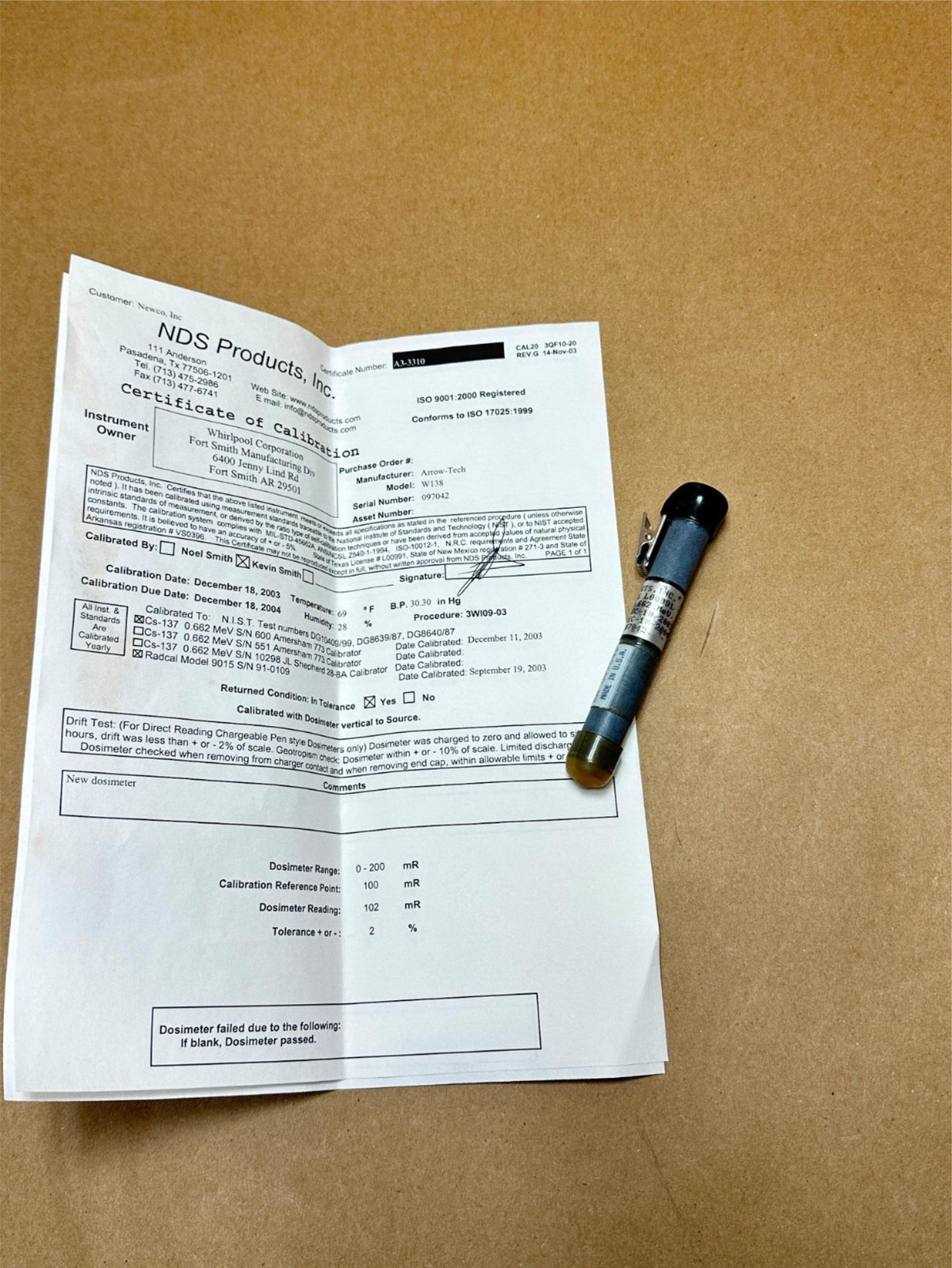 Arrow Tech Direct Reading Dosimeter W138 0.662 MeV