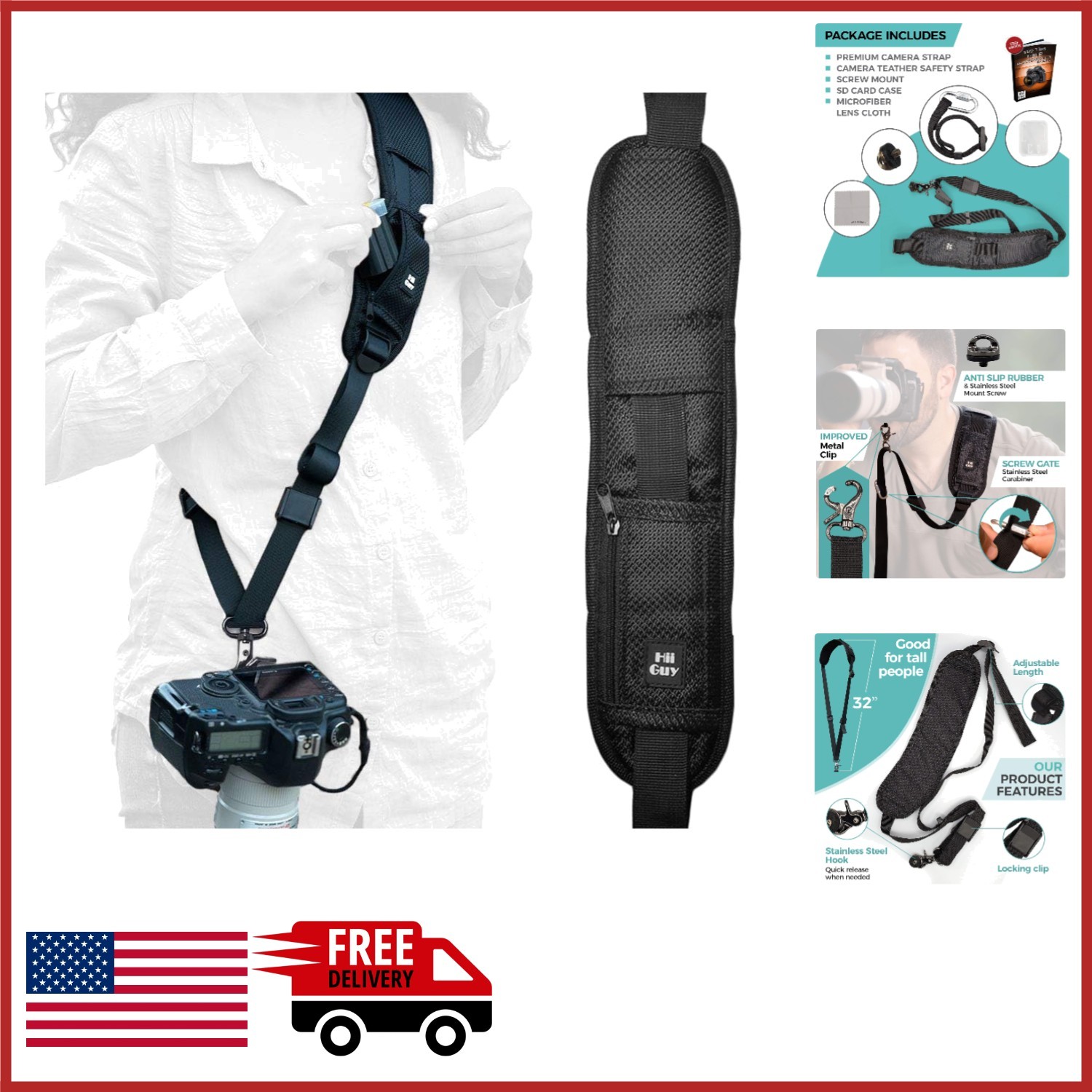Adjustable Camera Strap 32-44 Inch for DSLR Mirrorless with Accessories