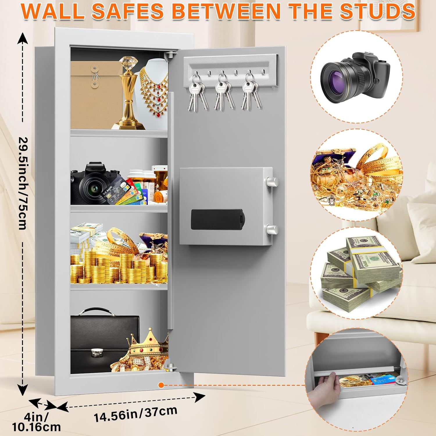 Fireproof In-Wall Safe with Combination Lock & 3 Shelves for Jewelry & Documents