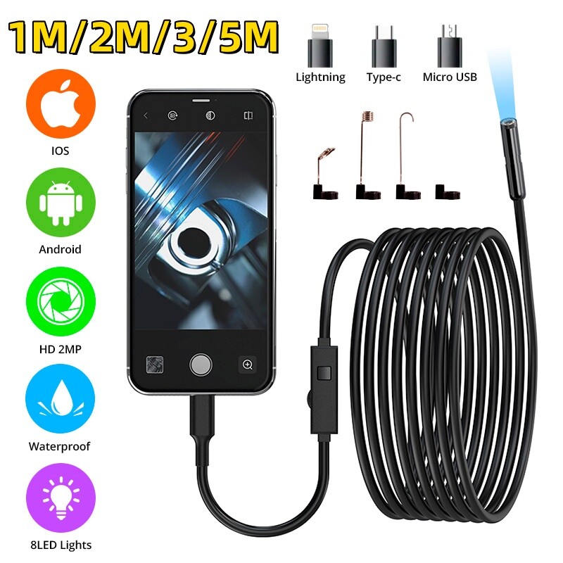 1M/2M/3/5M 8LED Endoscope Borescope 8mm Inspection Camera Scope for iPhone iOS