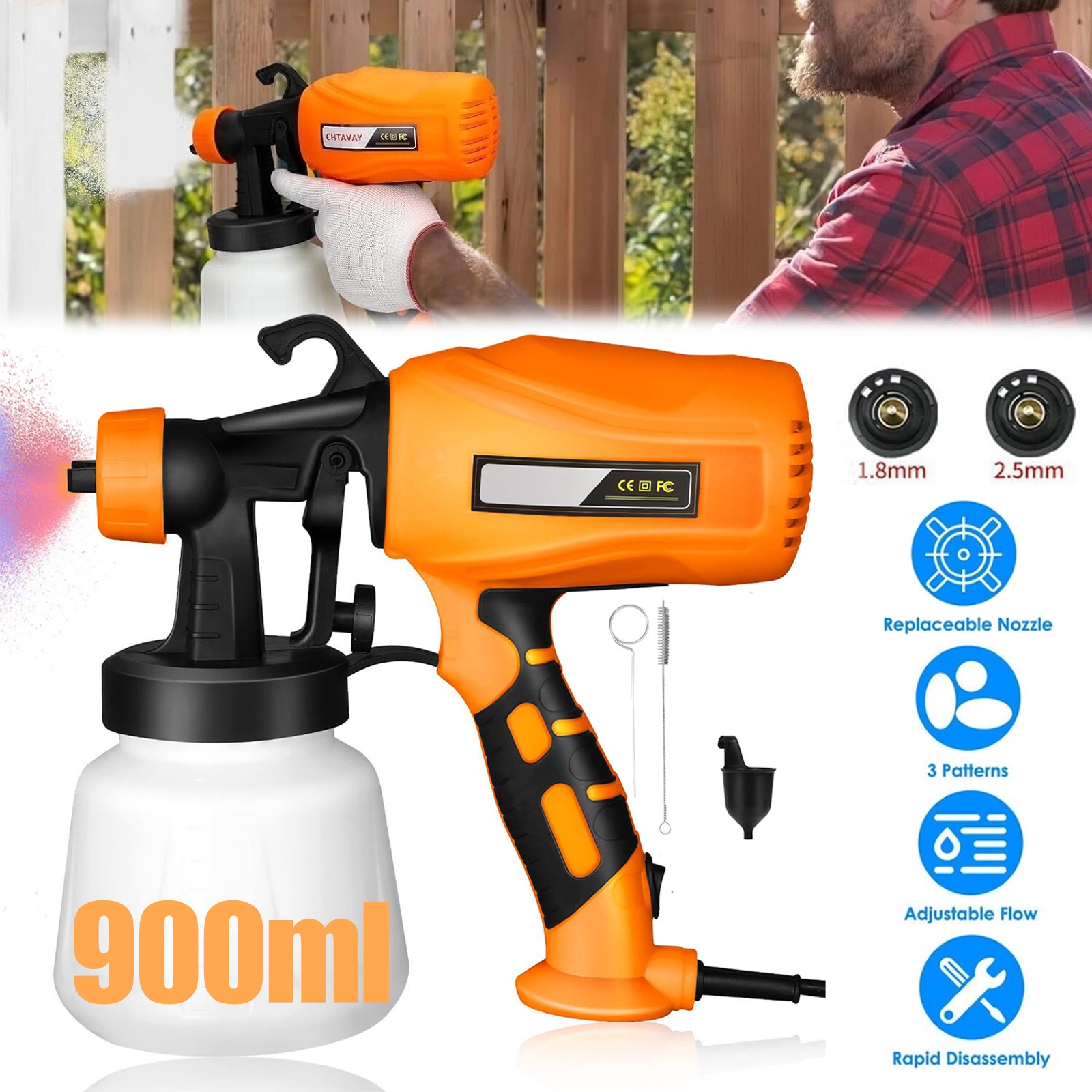 Electric Spray Gun 900ML Airless HVLP Paint Sprayer Handheld DIY High Pressure