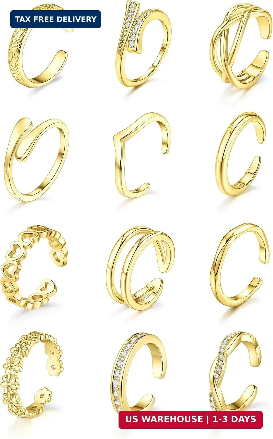 12Pcs Toe Rings for Women - 14K Gold Filled Toe Ring Non Tarnish Adjustable Simp