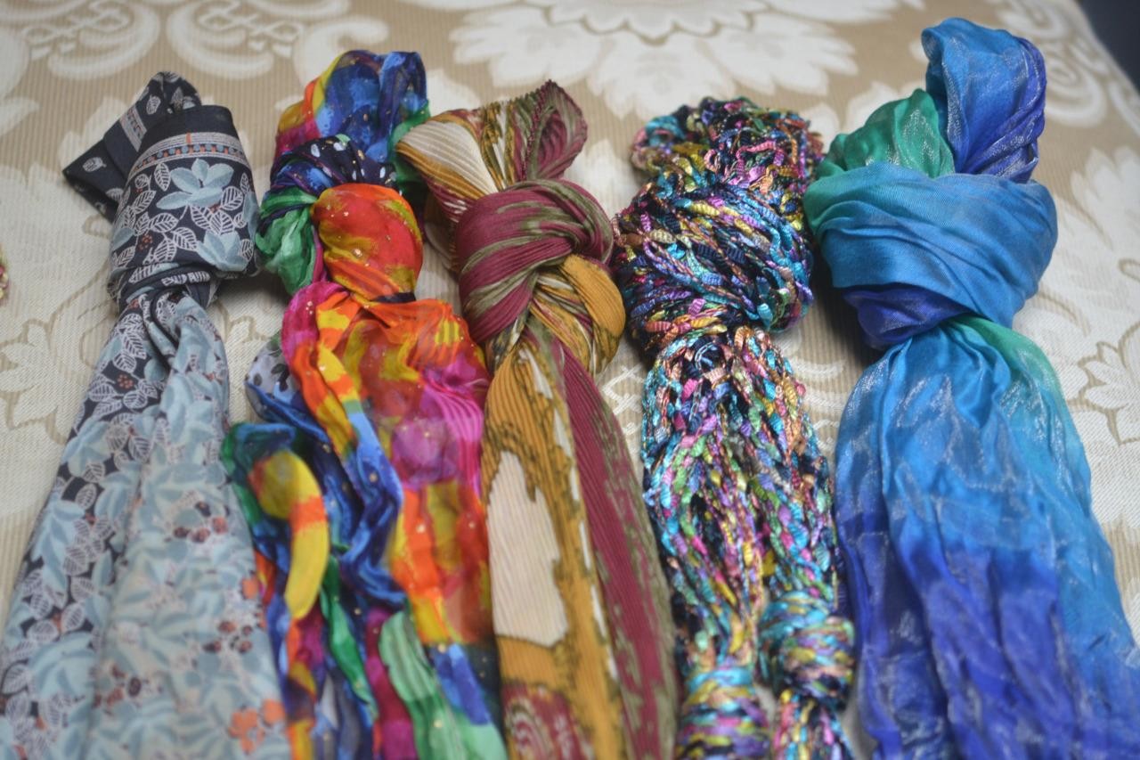 Lot 5 Vintage MCM Long Scarves Pleated Italy India Bright Prints Rayon Blends