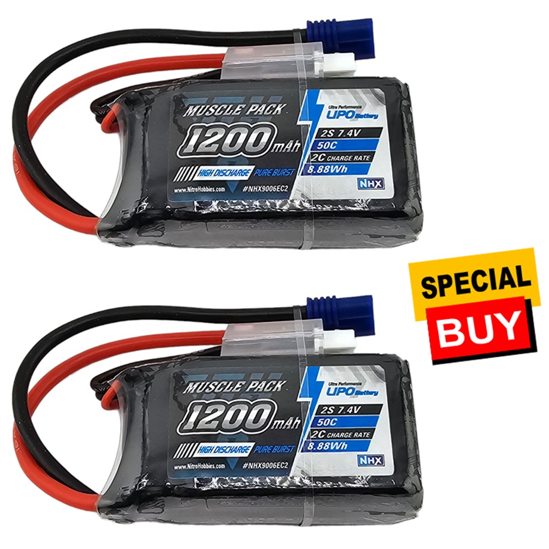 NHX RC 2S 7.4V 1200mAh 50C Losi Mini T/B & JRX2 Lipo Battery w/ EC2 Plug (2)