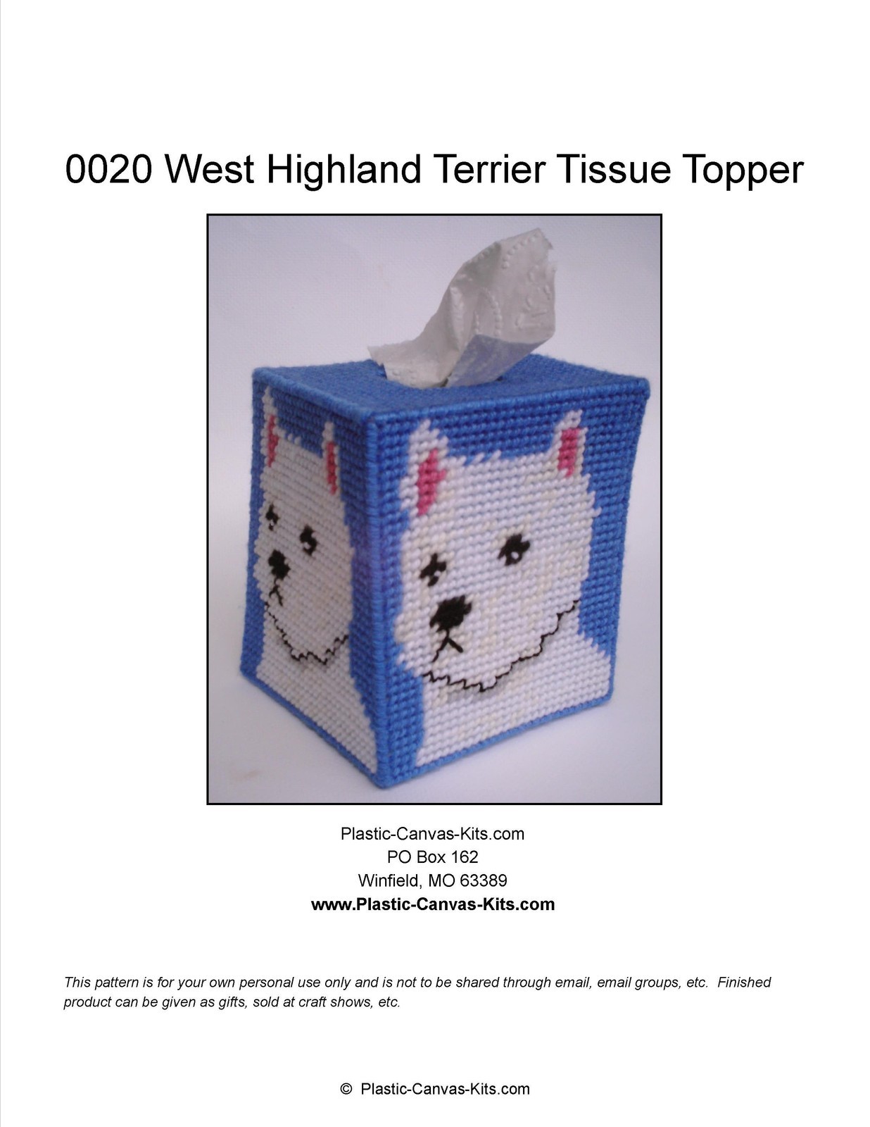 West Highland Terrier Dog  Tissue Topper-Westie-Plastic Canvas Pattern or Kit