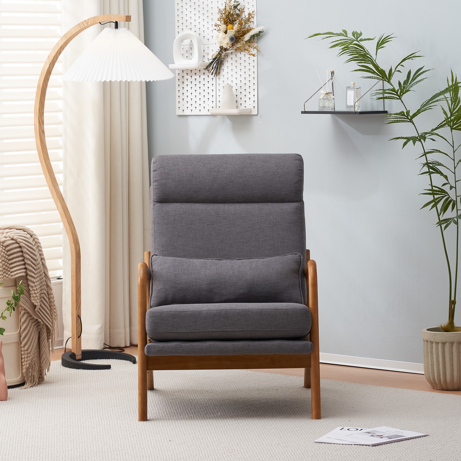 High Back Solid Wood Armrest Backrest Iron Frame Linen Indoor Leisure Chair Dar