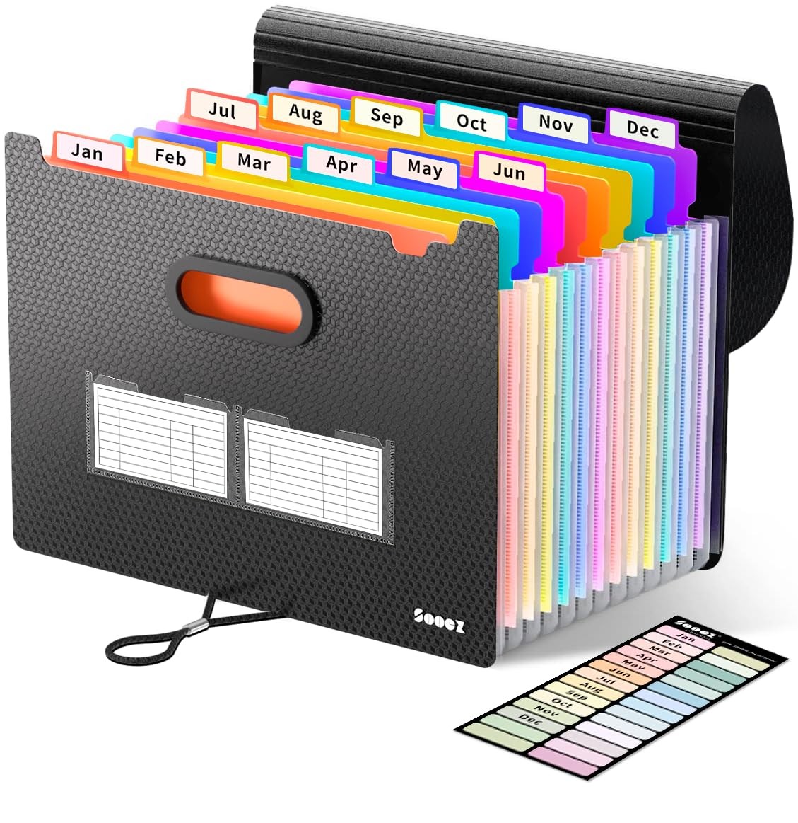 Sooez Upgraded Accordion File Organizer, Expanding Black With Rainbow Pocket