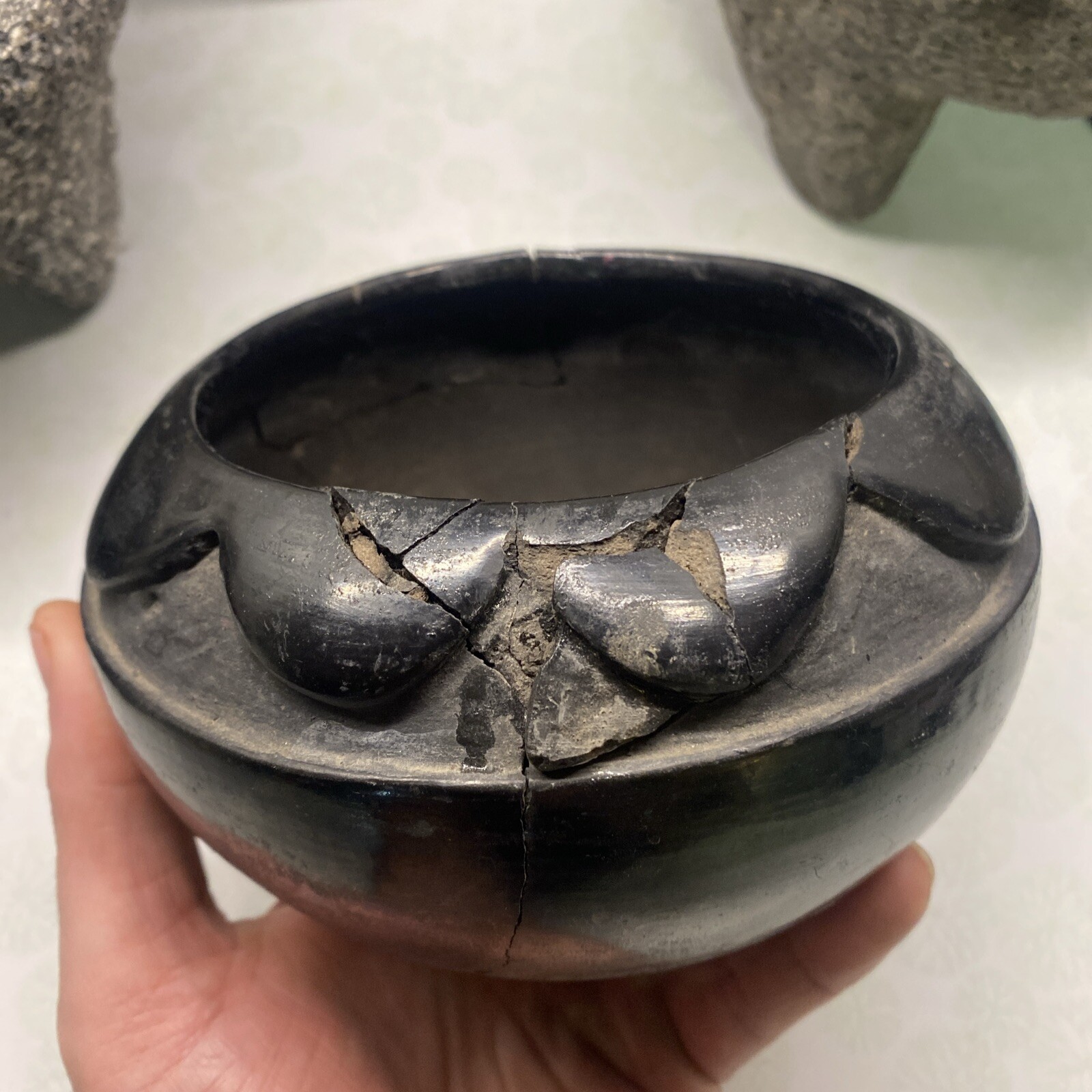 MLC s2687 GLUED 6” X 3 3/4” Black Ware Pot Pottery Bowl Mexico Signed
