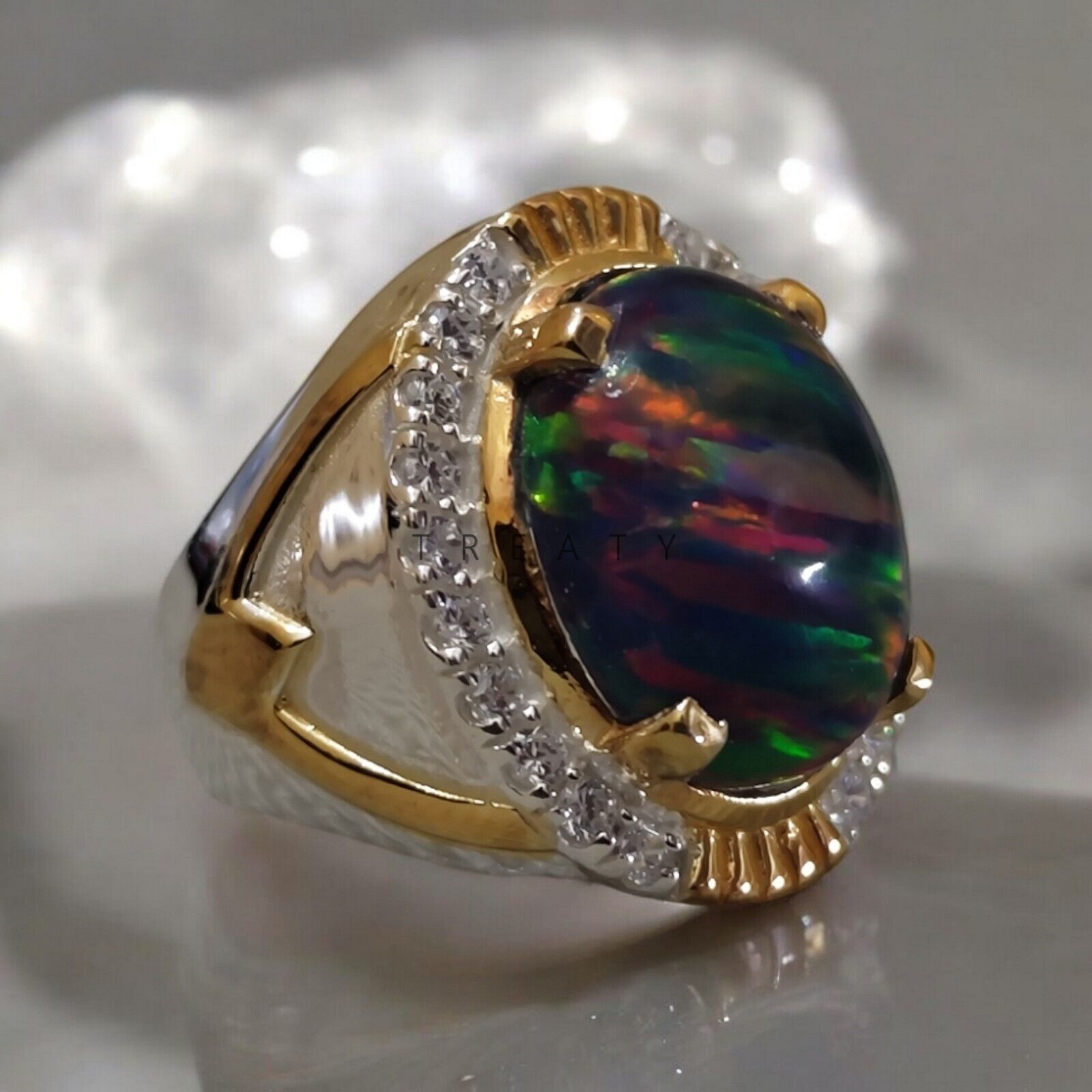 Black Opal Oval Cut Gemstone With 14K Solid White Gold Ring For Men's #775