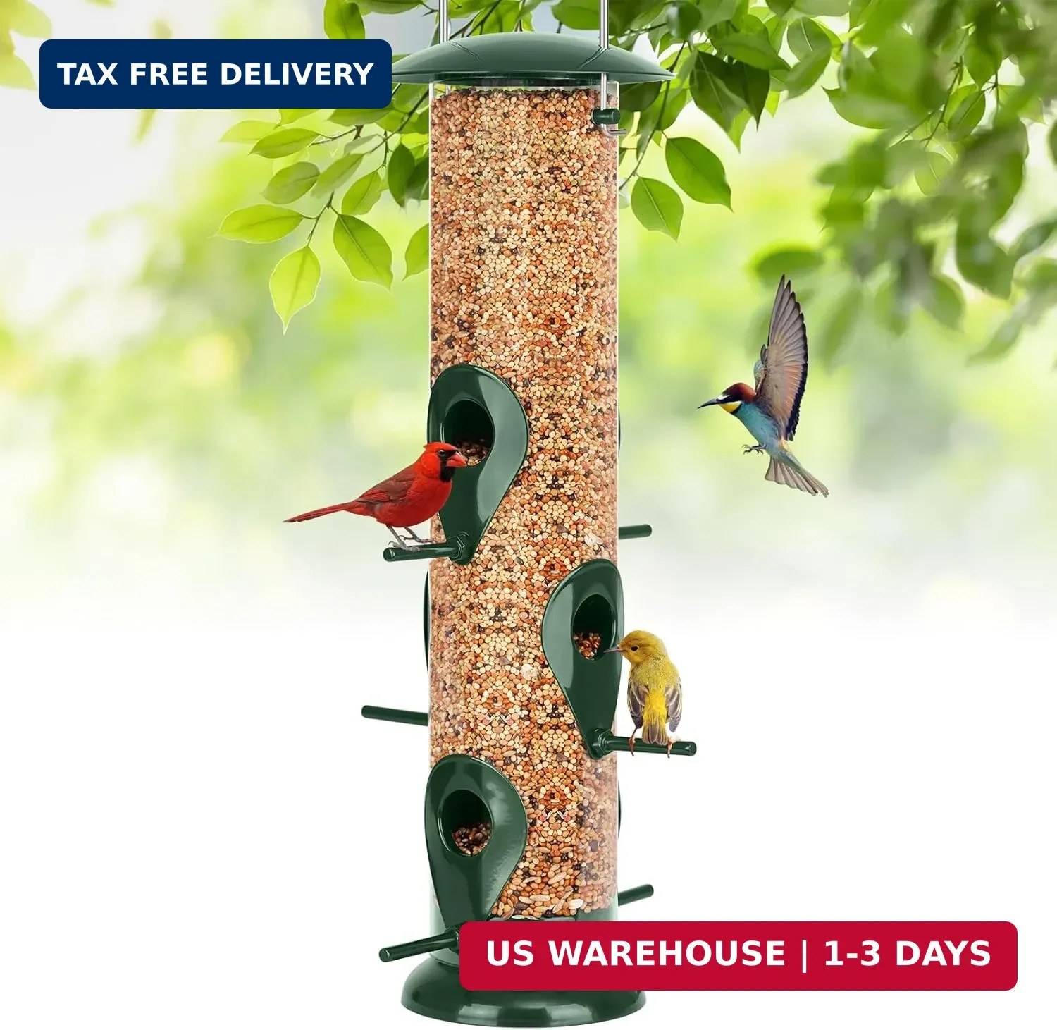 FEED GARDEN Metal Bird Feeder- 6 Port Tube Feeder for Outdoors with Metal Lid, E