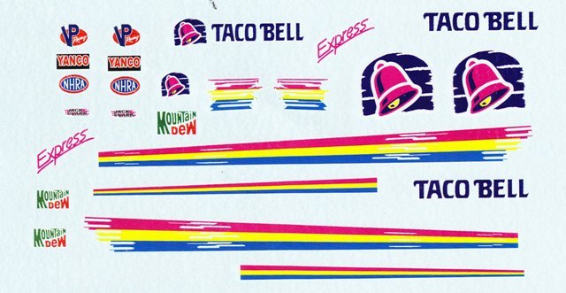 John Andretti Top Fuel Taco Bell NHRA Drag Decals 1/25th - 1/24th Scale Decals