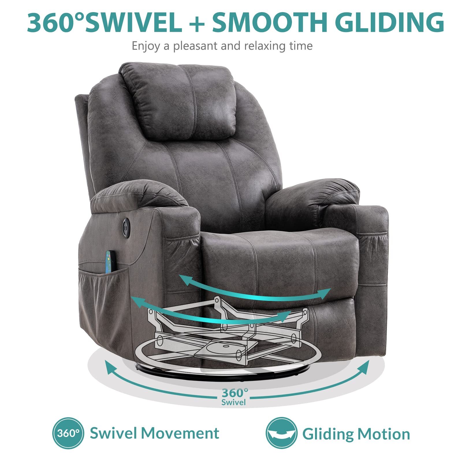 Massage Recliner Chair Swivel Rocker Glider Heated Rocking Recliner W/ USB Ports