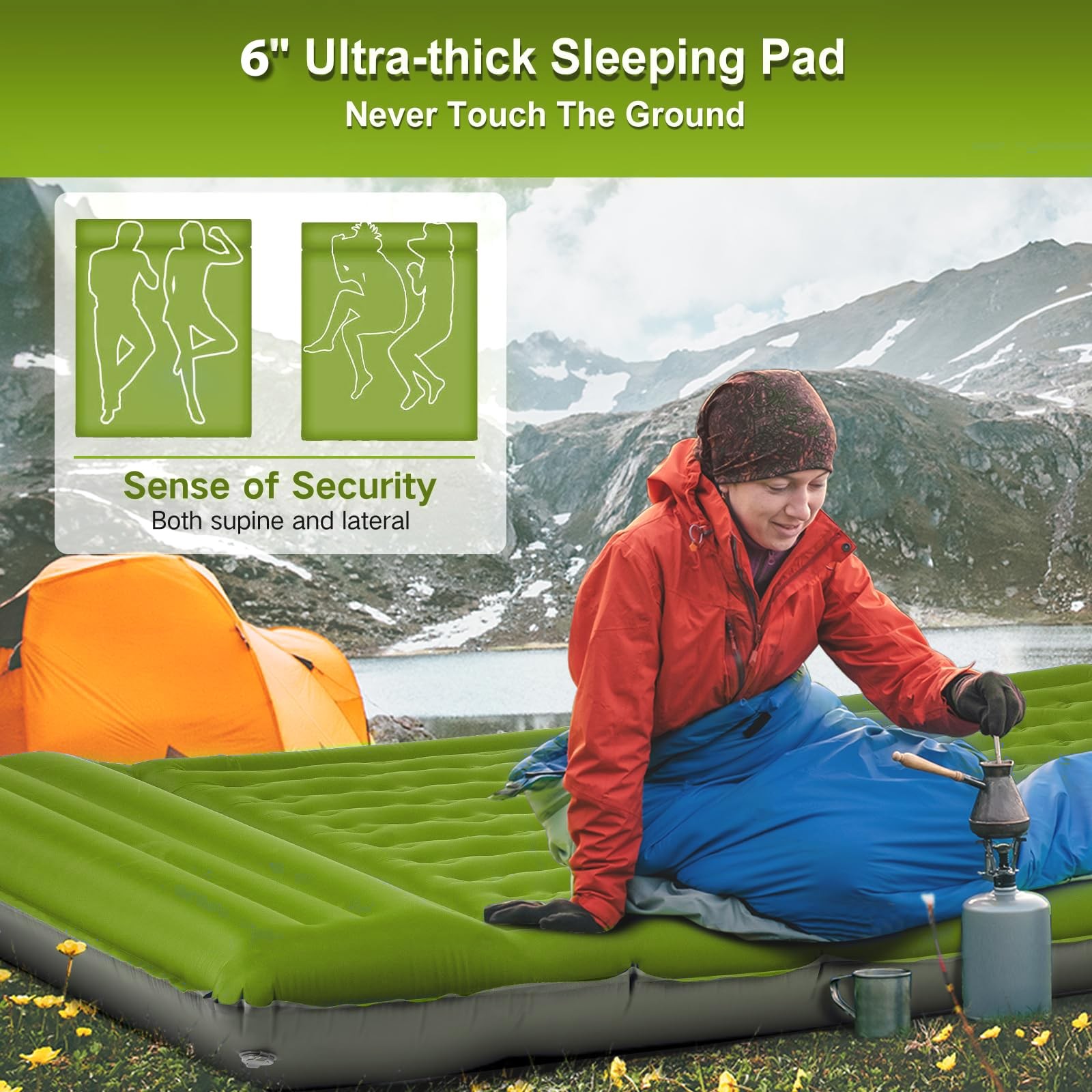 Double Sleeping Pad Camping, Self Inflating 6'' Extra-Thick 2 Person Pillow B...