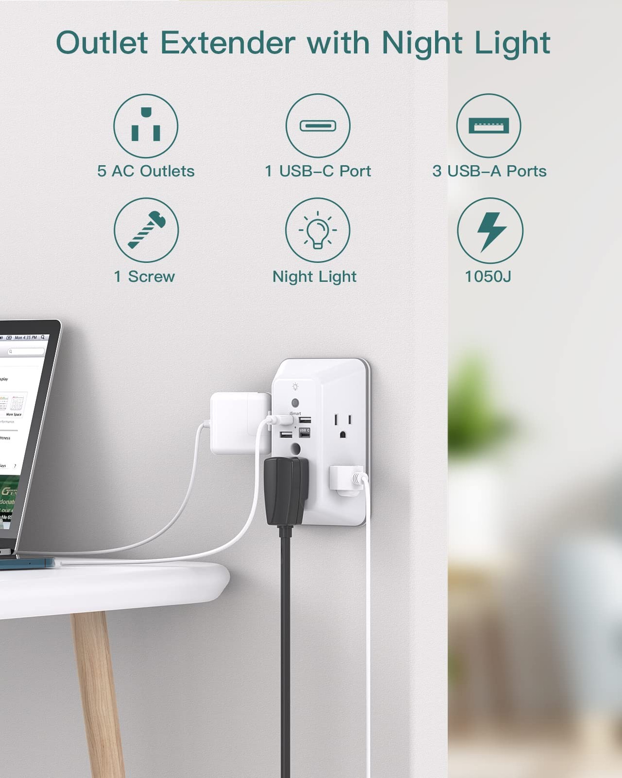 Surge Protector, Outlet Extender with Night Light, 1C3A-Standard, White