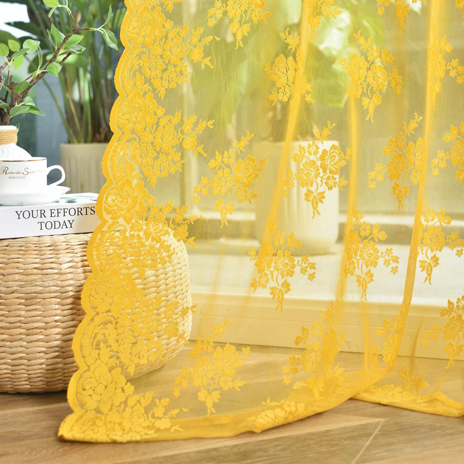 Kotile 72 Inch Gold Lace Curtains 2 Panels, Country Rustic Retro Mustard Yell...