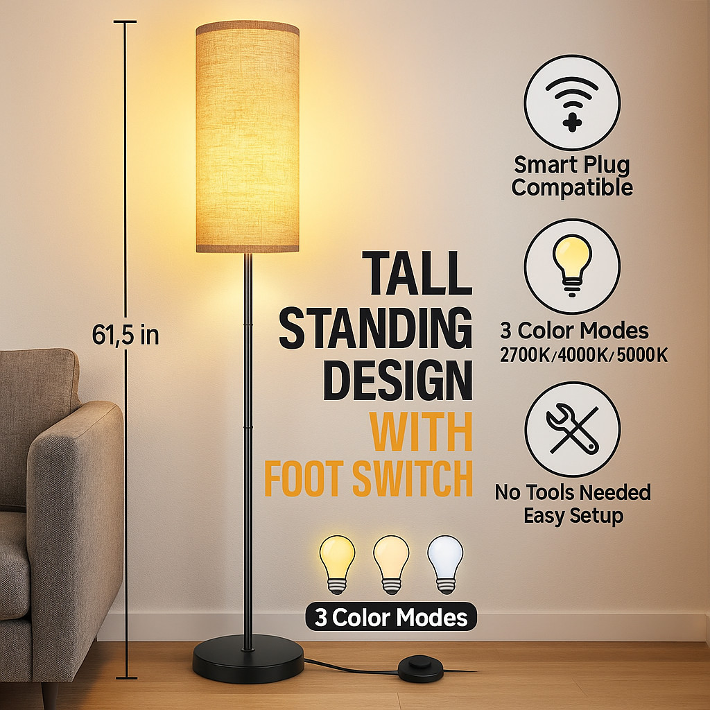 Modern Floor Lamp for Living Room Bedroom Office, Tall Standing Lamp Foot Switch