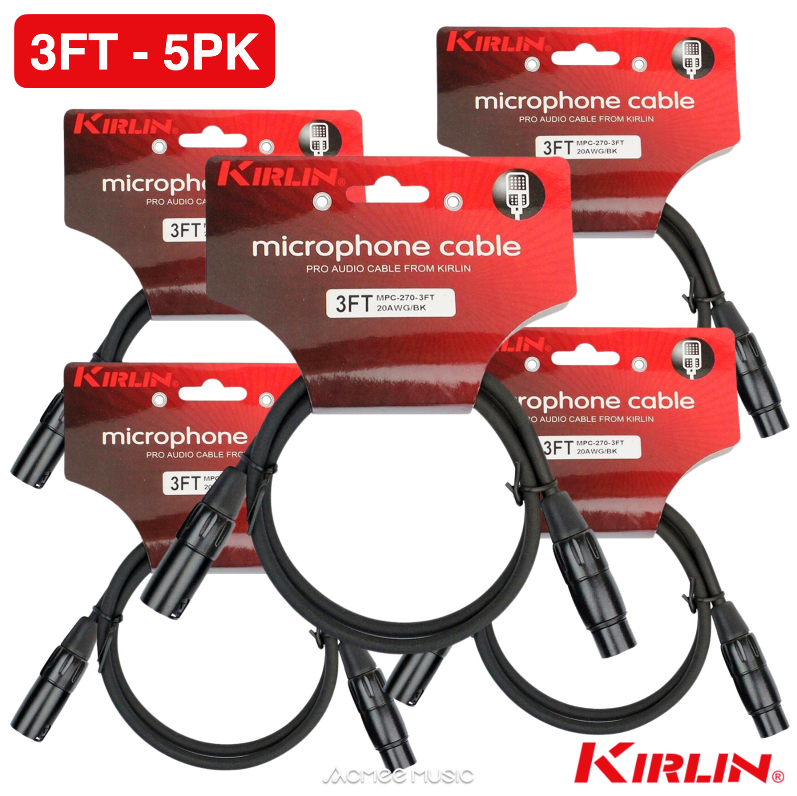 5-PACK Kirlin【3ft】XLR Male to XLR Female 20AWG Microphone Cable - 3 Foot Black