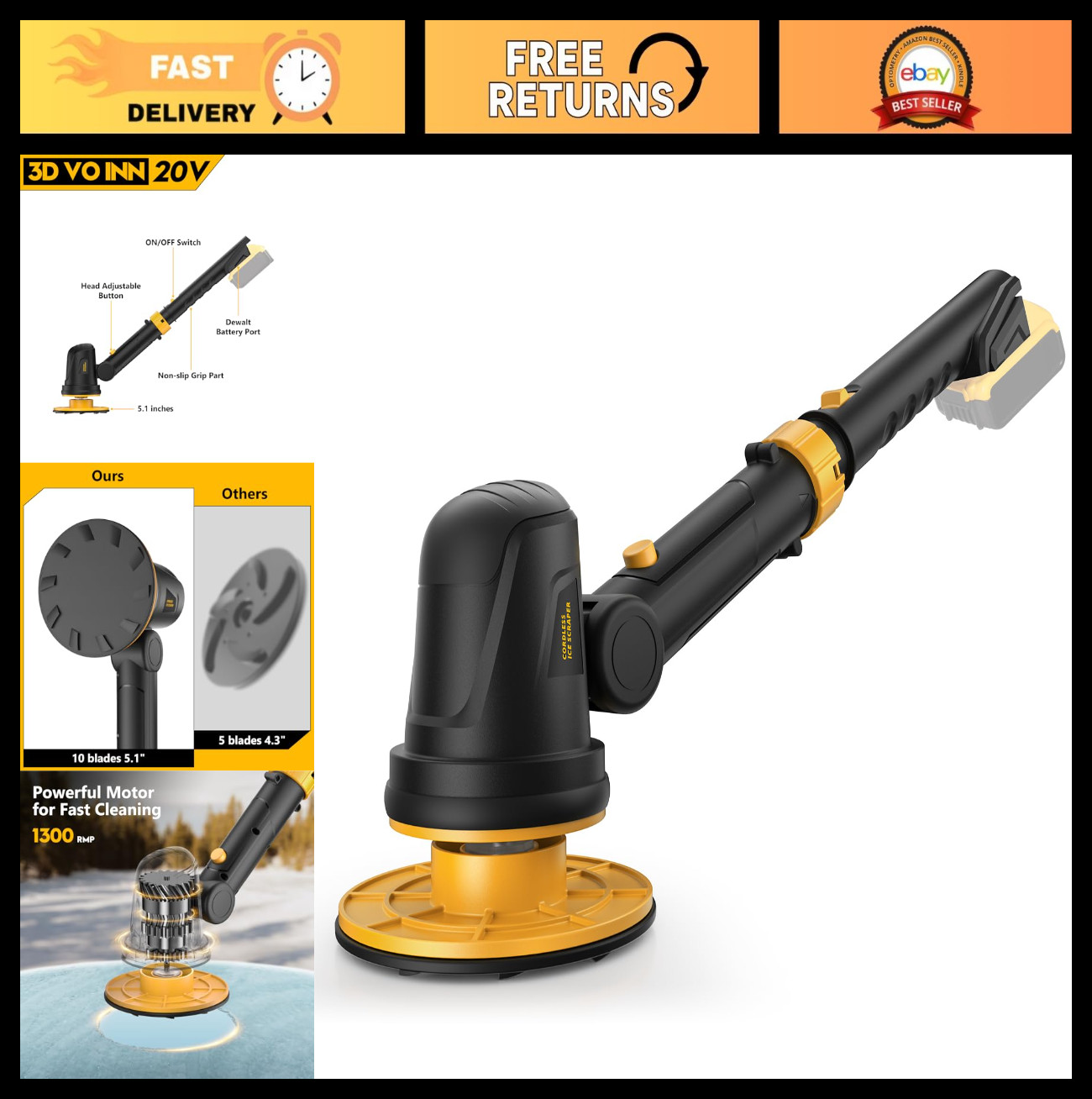 High-Speed Electric Ice Scraper for Car Windshield, 1300RPM, 45° Adjustable Head