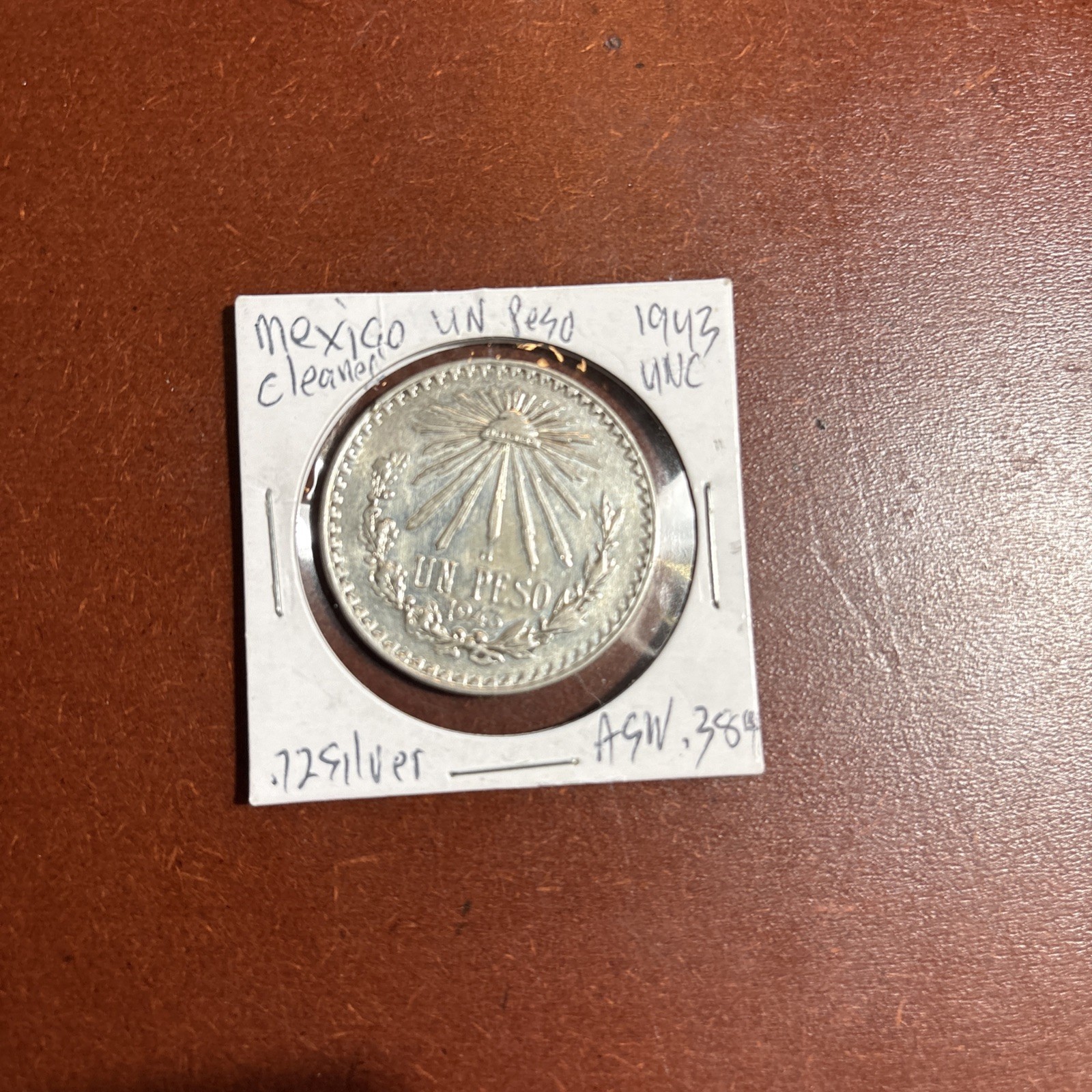 1943 Mexico 1 Un Peso Silver Coin Cap Rays Eagle & Snake KM 455 ASW 0.386 Oz
