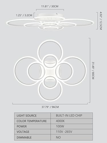 Modern Ceiling Light, 8 Rings LED Flush Mount Ceiling Light 8-Light White
