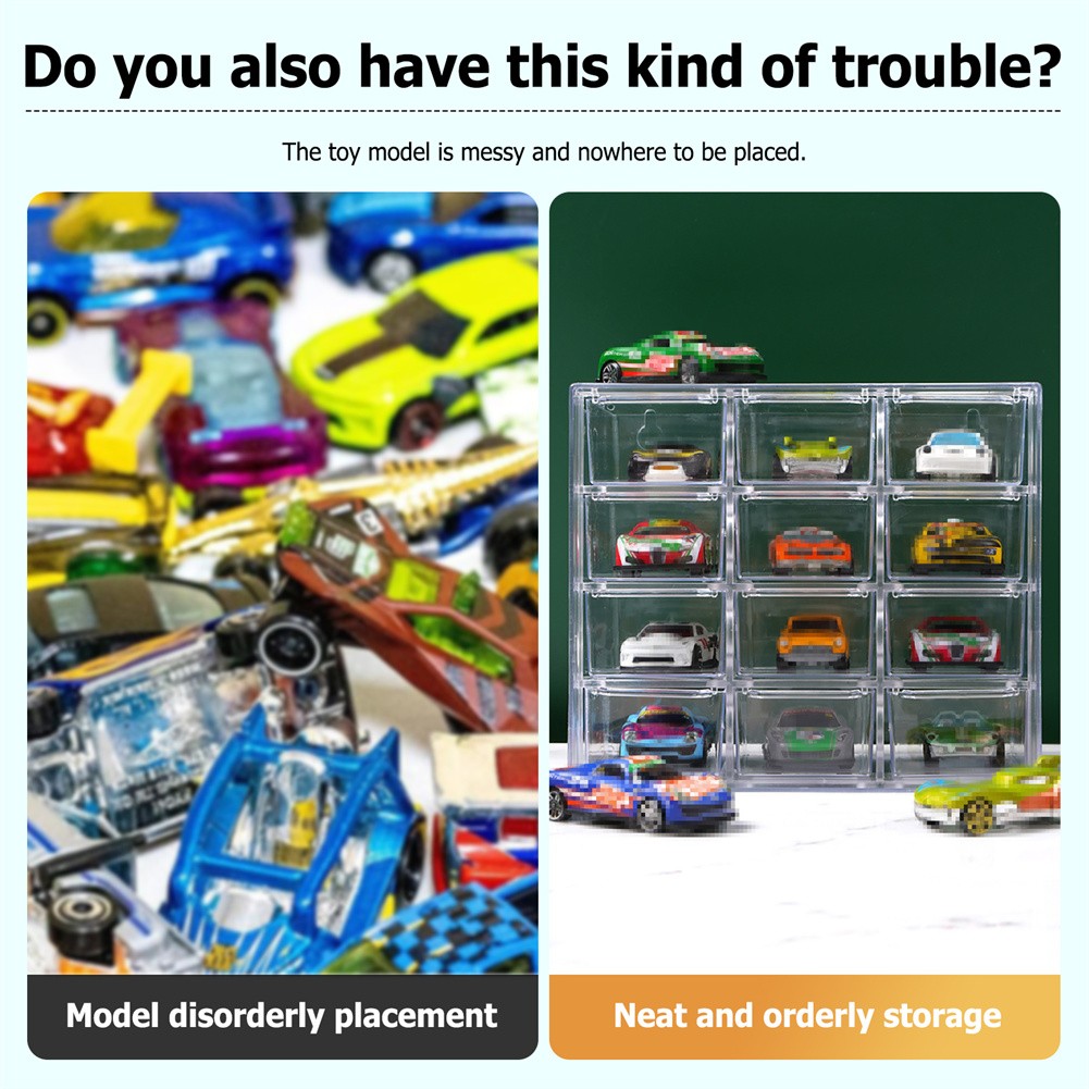 Car Display Case Holds For 1/64 Scale Hotwheels Storage 12 Cars Stackable