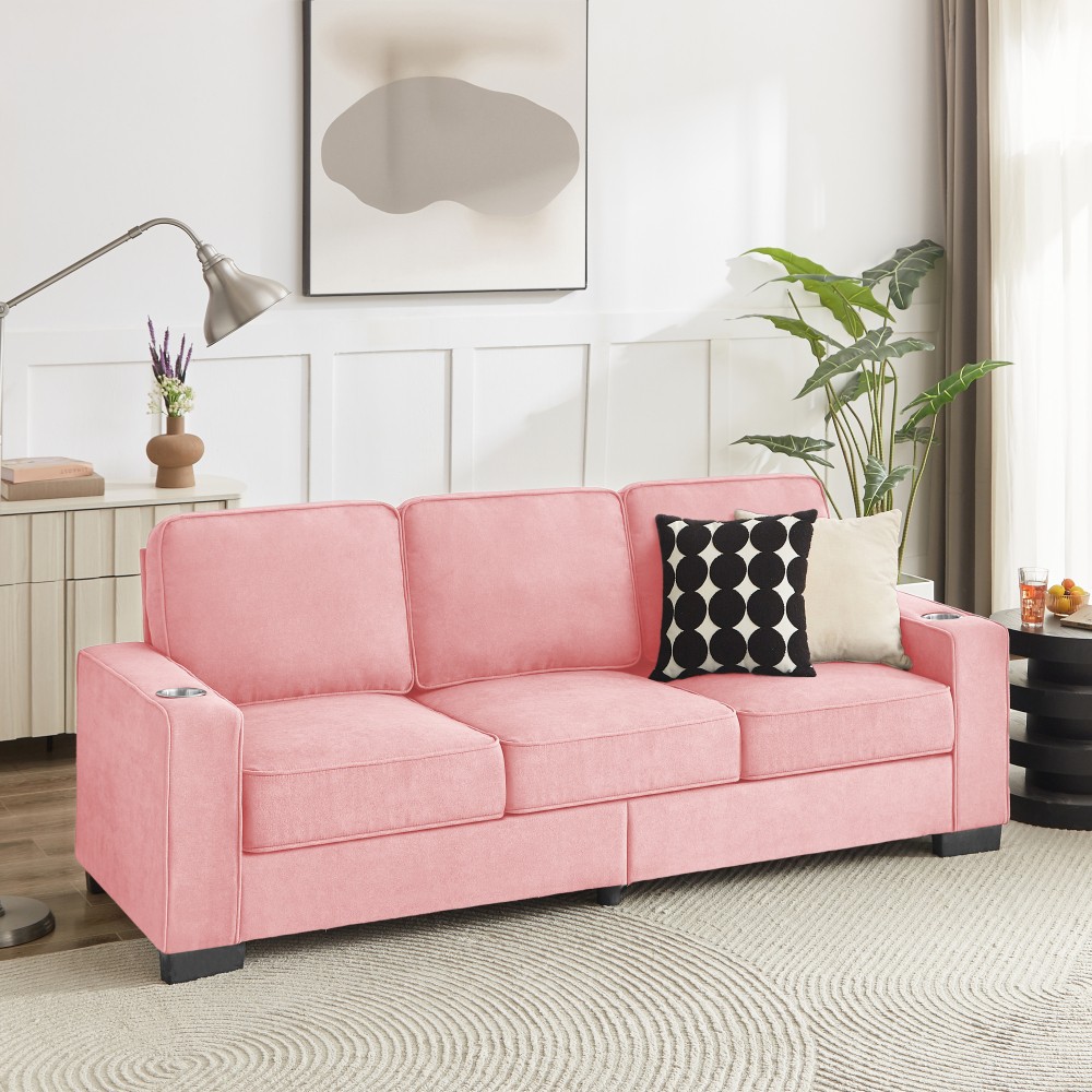 Snowfleece Fabric 3-Seater Sofa, Modern Compressed Couch for Living Room, Pink