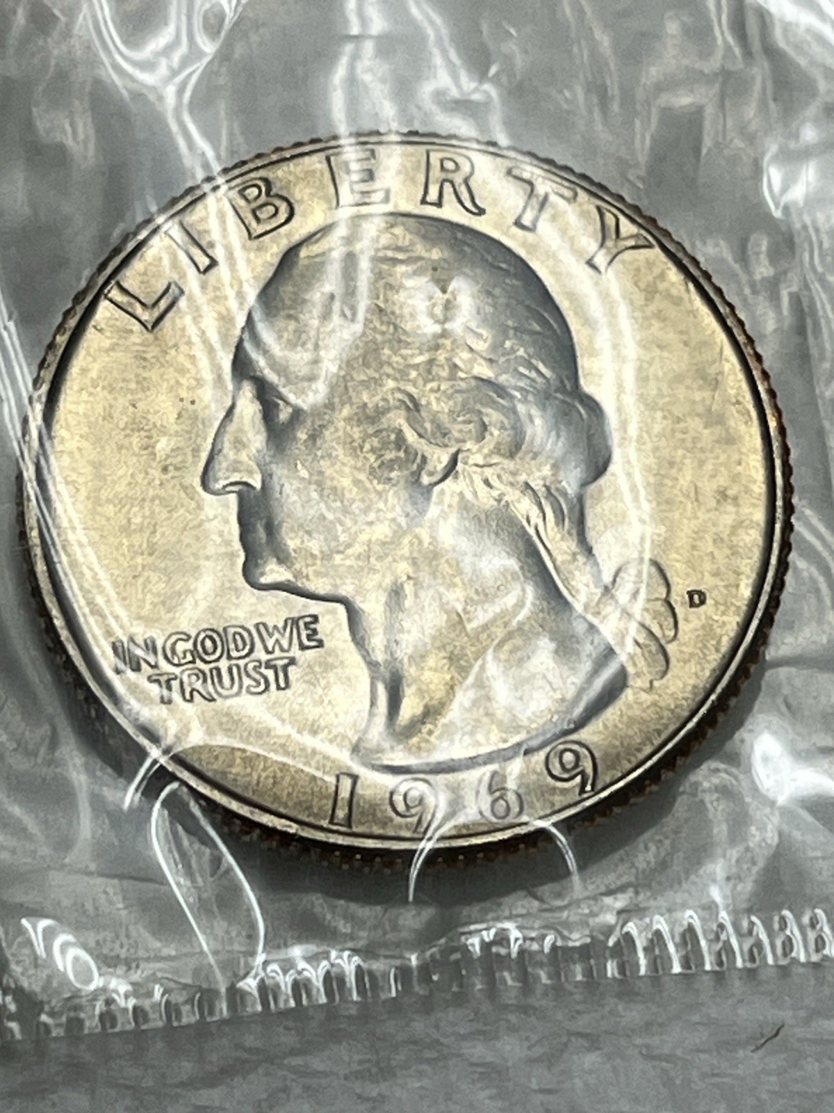 1969 D WASHINGTON QUARTER BRILLIANT COIN UNCIRCULATED MINT SEALED IN CELLO