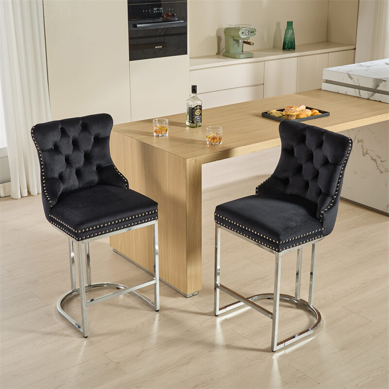 25" Black Velvet Bar Stools Set of 2,Counter Height with Button Back &Rivet Trim