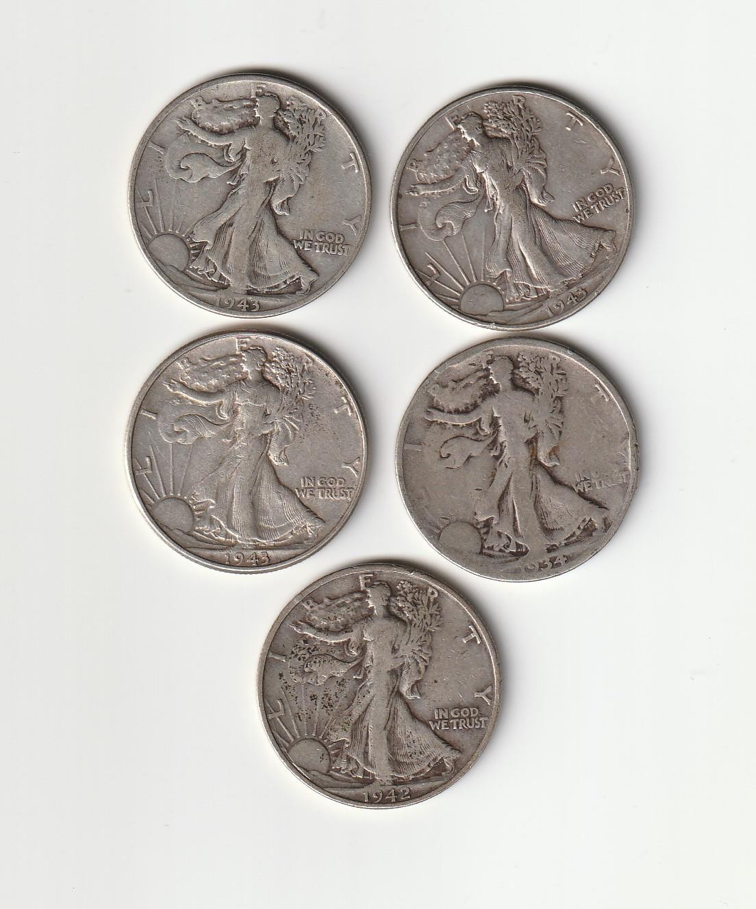1035----Qty (5) Walking Liberty Half Dollars 1934-1942-1943