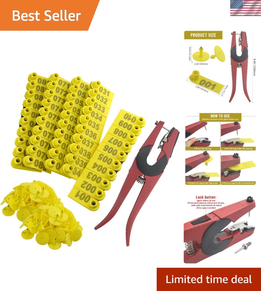 100 Pack Livestock Ear Tags with Applicator Plier - Bright Yellow for Visibility