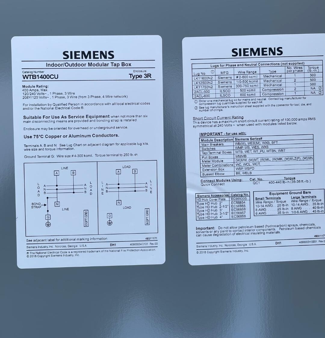 NEW SIEMENS METER STACK wtb1400CU 400amp 240V TAP BOX