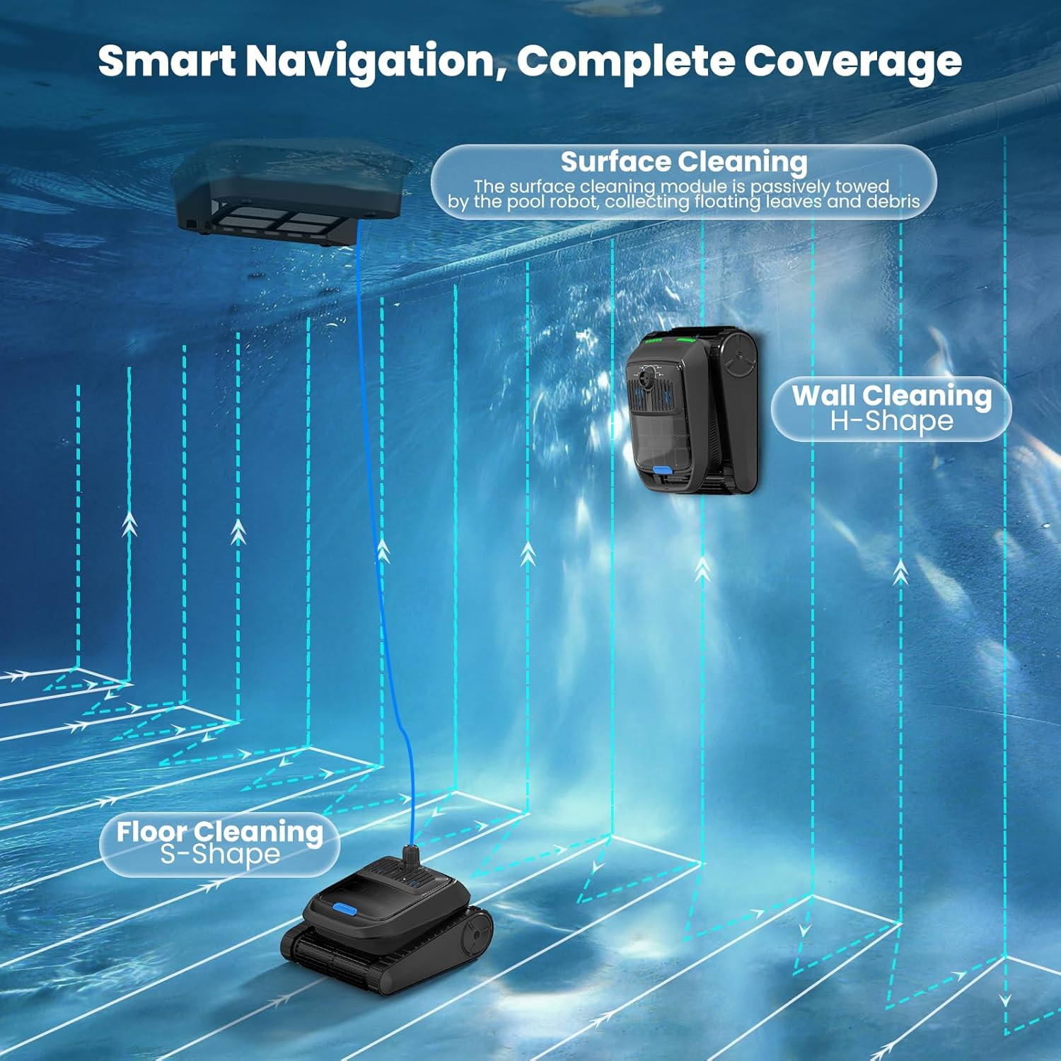 Automatic Robotic Pool Vacuum Cleaner with Skimmer, Smart Navigation, Pool Clean