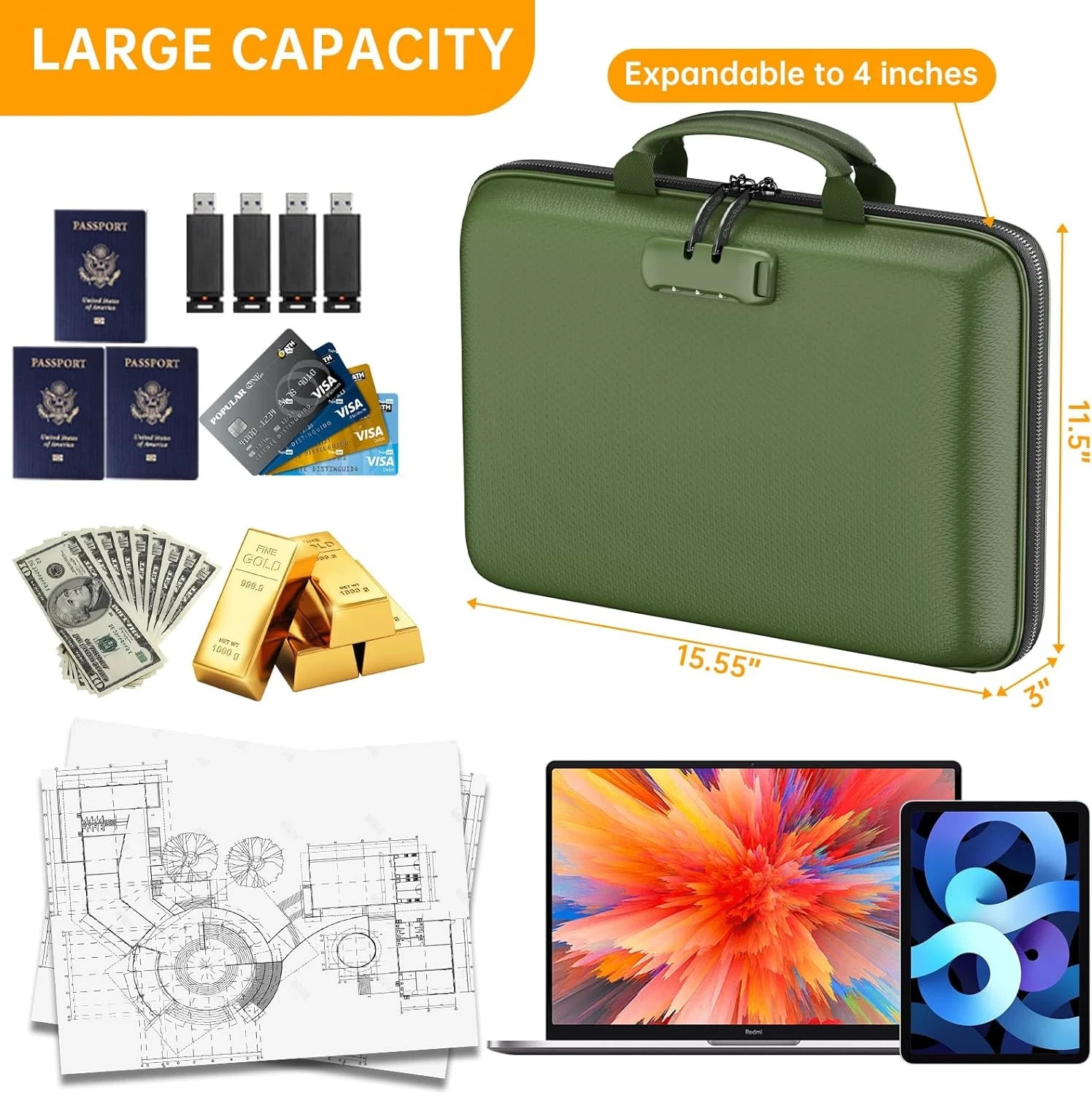 Fireproof File Organizer with Lock, Hard-Shell Case Fireproof Document Box with