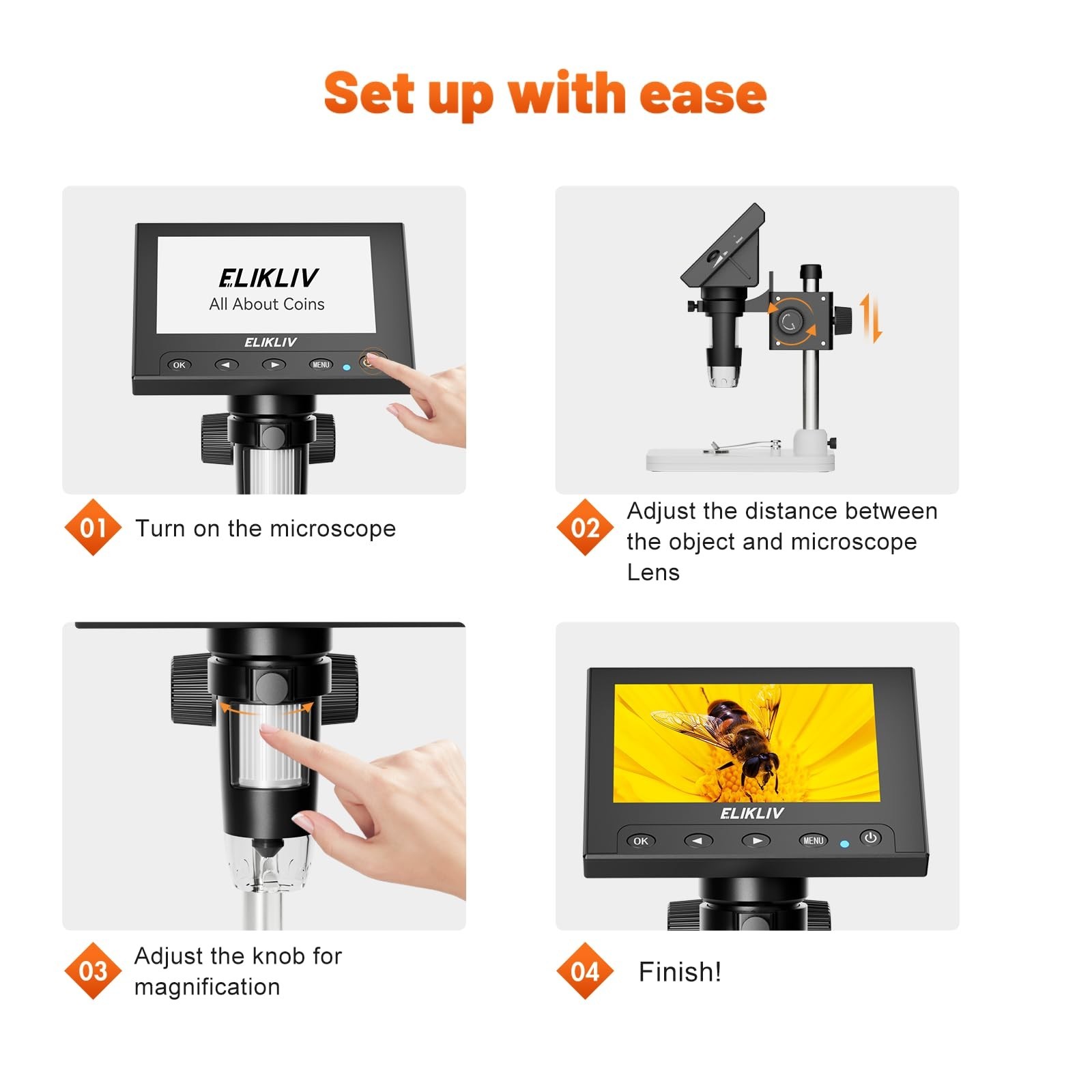 Elikliv Microscope, LCD Digital Coin Microscope 1000x, Coin Magnifier with 8 ...