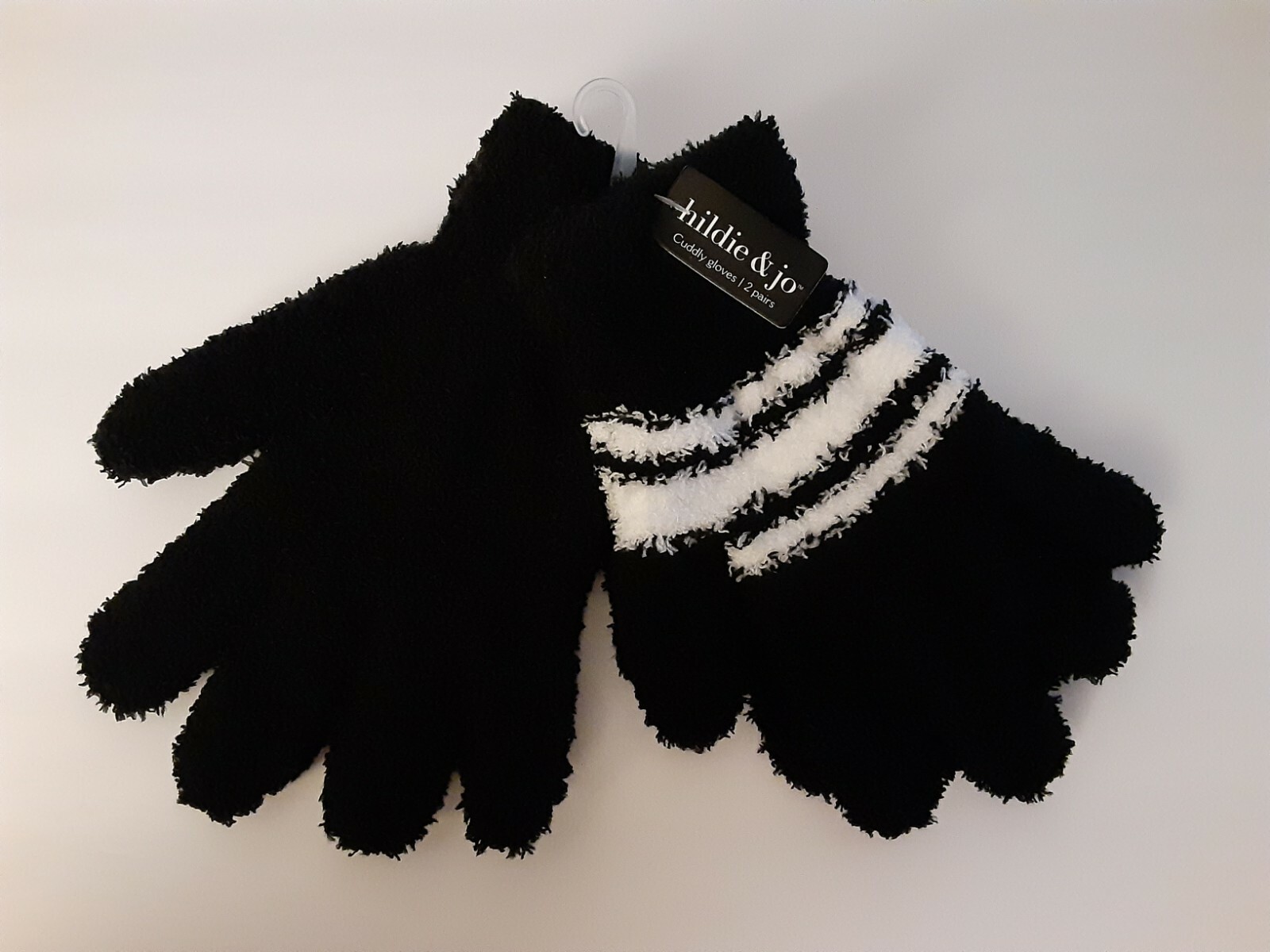 NWT 2 Pairs Hildie & Jo Women's Fuzzy Gloves Black And Black With White Stripe