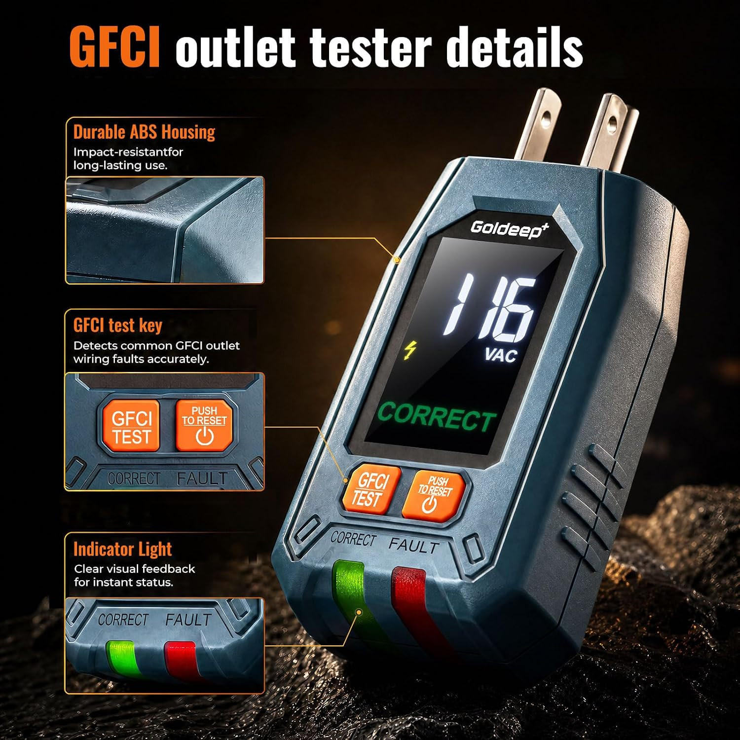 GFCI Outlet Tester for Socket Test Plug Checker for Grounding-Green | with LCD D