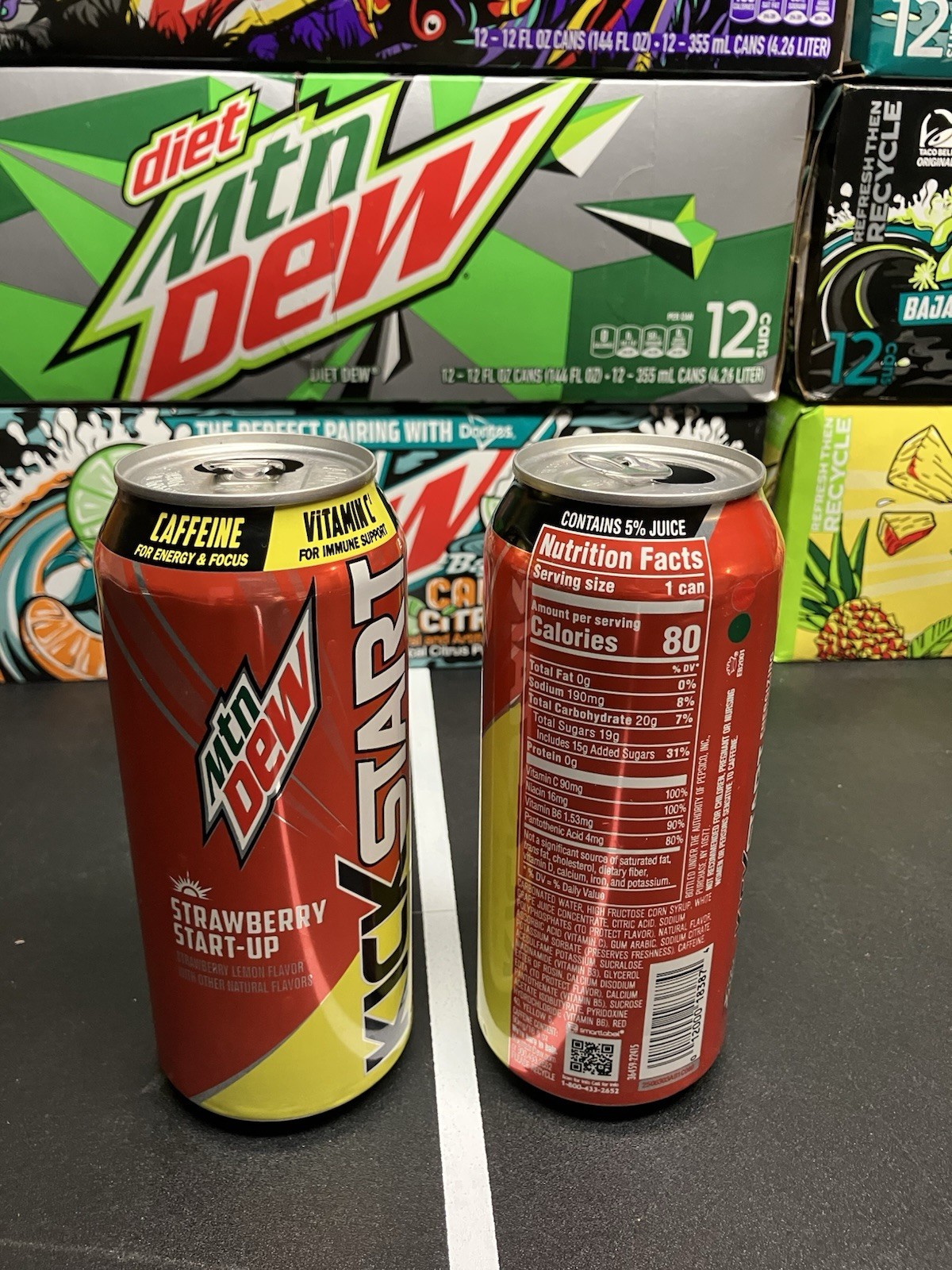 2 16 Oz Mtn Dew Kickstart Strawberry Start Up Cans Top Opened