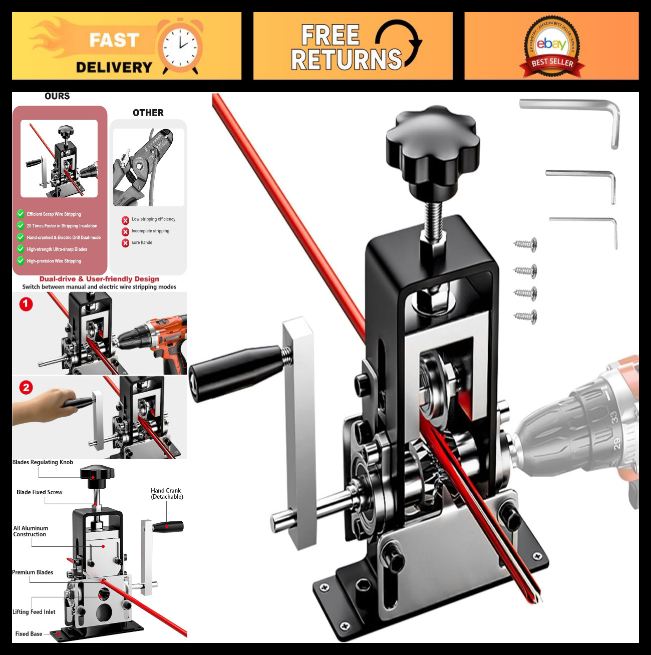 Manual Wire Stripping Machine - Drill Powered Copper Wire Peeler Tool 0.06-1