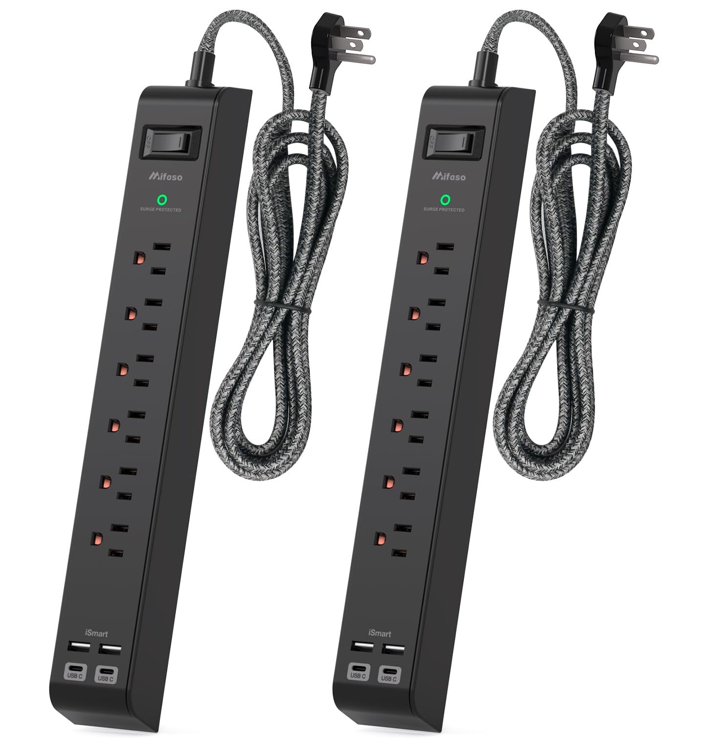 2 Pack Surge Protector Power Strip - 6 Outlets 4 USB Charging Ports, 5Ft Braided