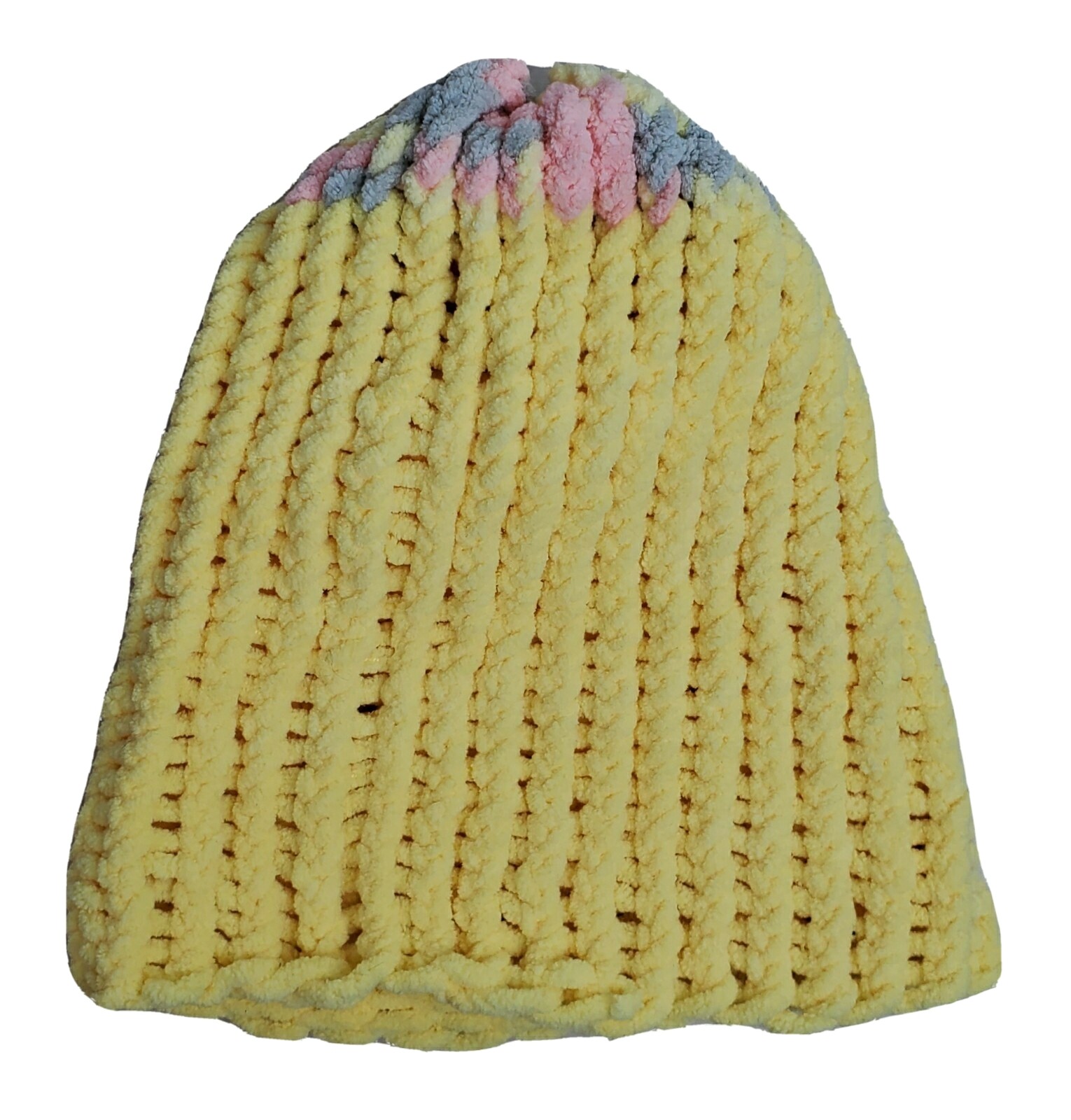 Large Knit Winter Hat Yellow Pink Gray Youth Med Large 9.5” Opening Handmade