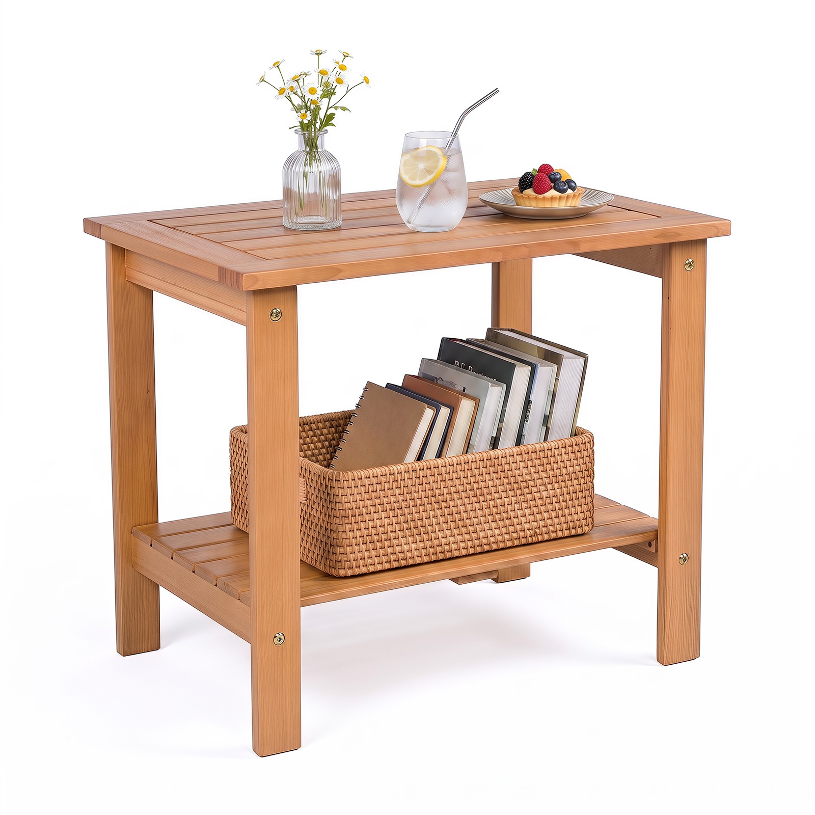 Outdoor Eucalyptus Wood Side Table w/Slatted Tabletop, Storage Shelf for Garden