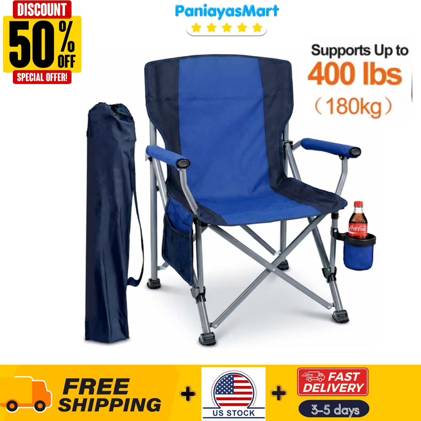 Camping Chairs for Adults, Portable Folding Lawn Chairs with Side Pockets & Cup