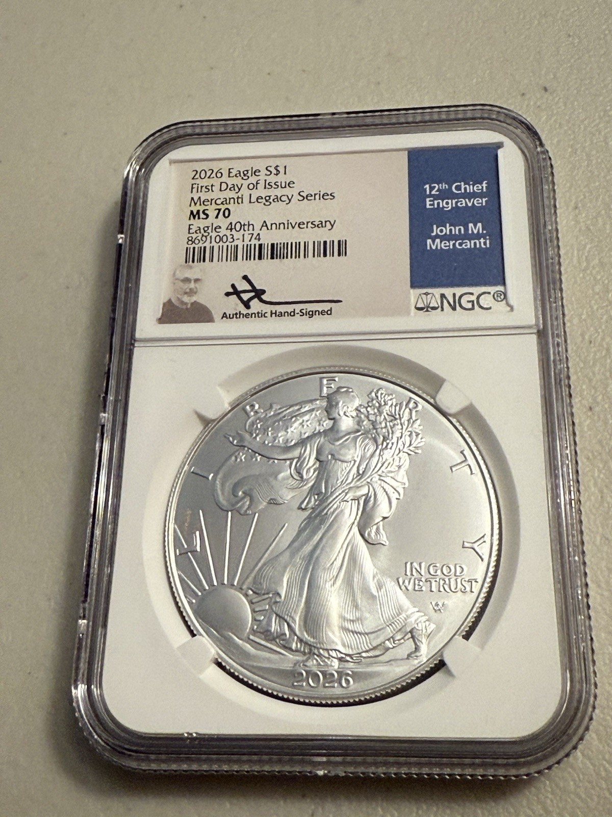 2026 $1 AMERICAN SILVER EAGLE NGC MS70 FIRST DAY OF ISSUE JOHN MERCANTI SIGNED