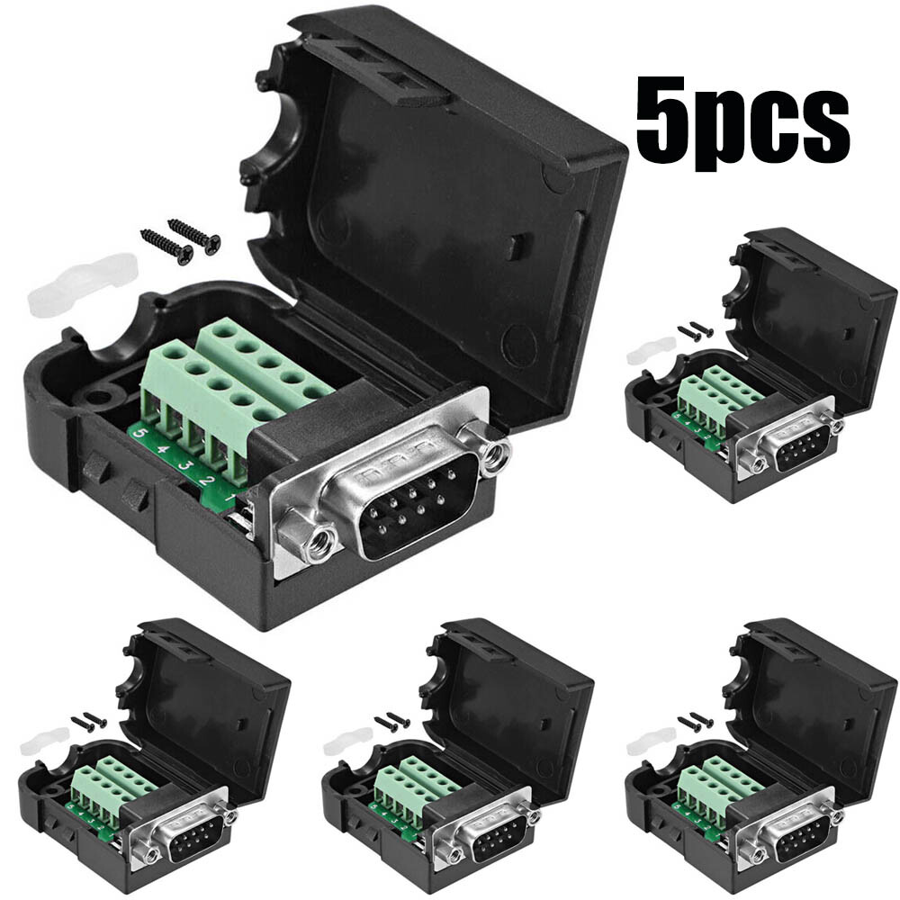 5Pc D-SUB DB9 Black Cover Male 9Pin Plug Breakout Terminals Screw Type Connector